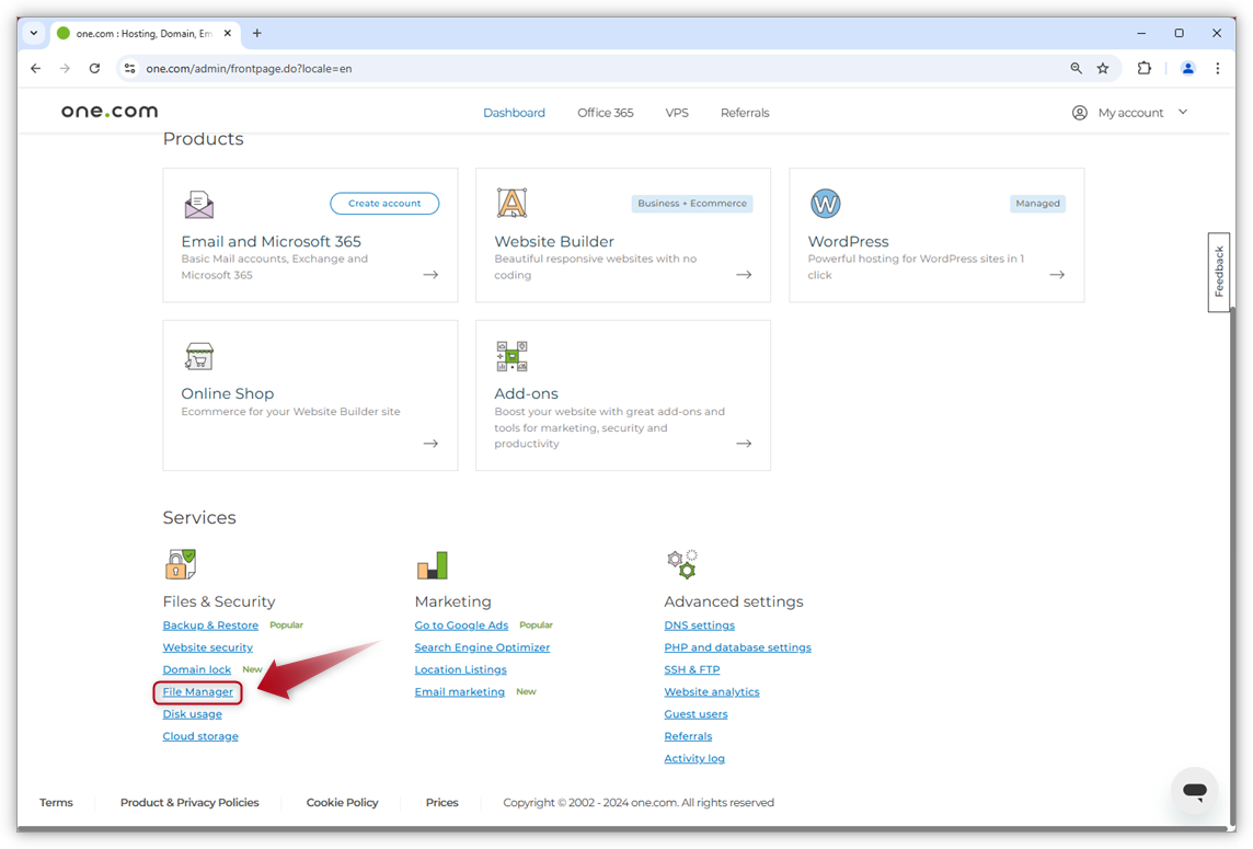 Skjermbilde av one.com-kontrollpanelet som viser hvor File Manager befinner seg.