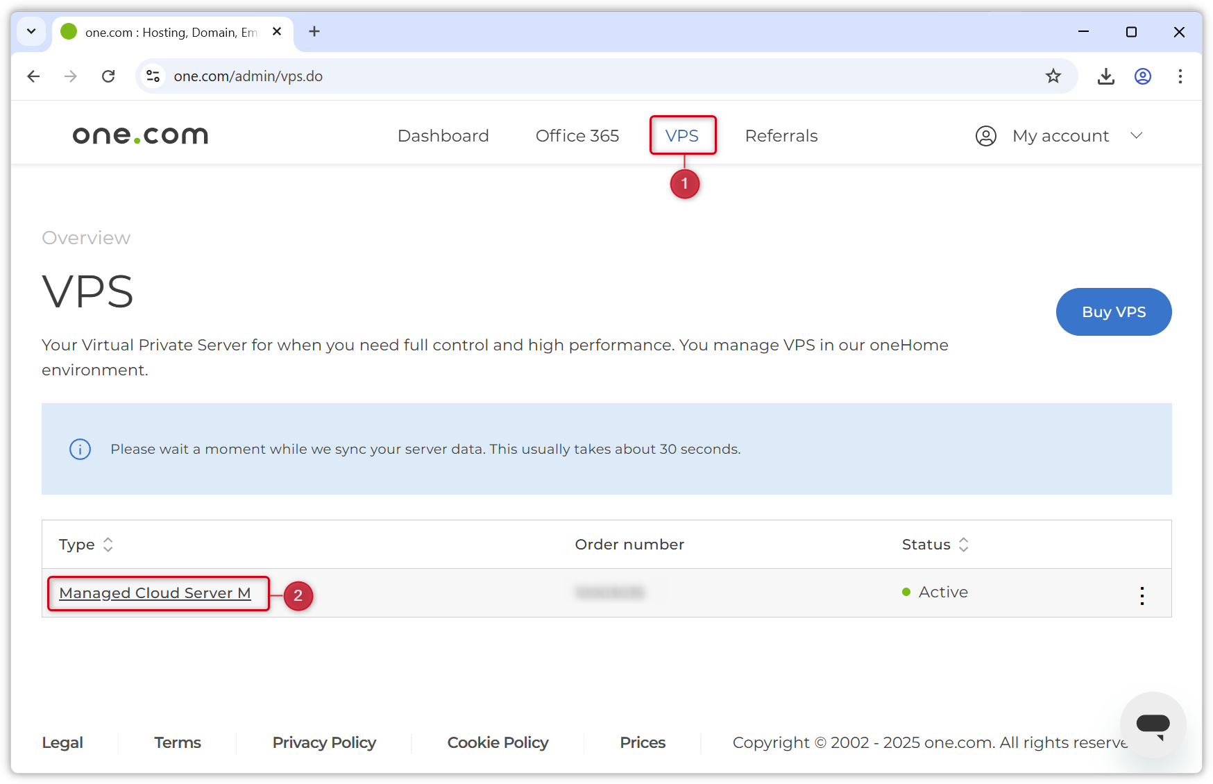 Skjermbilde av VPS-fanen i kontrollpanelet.