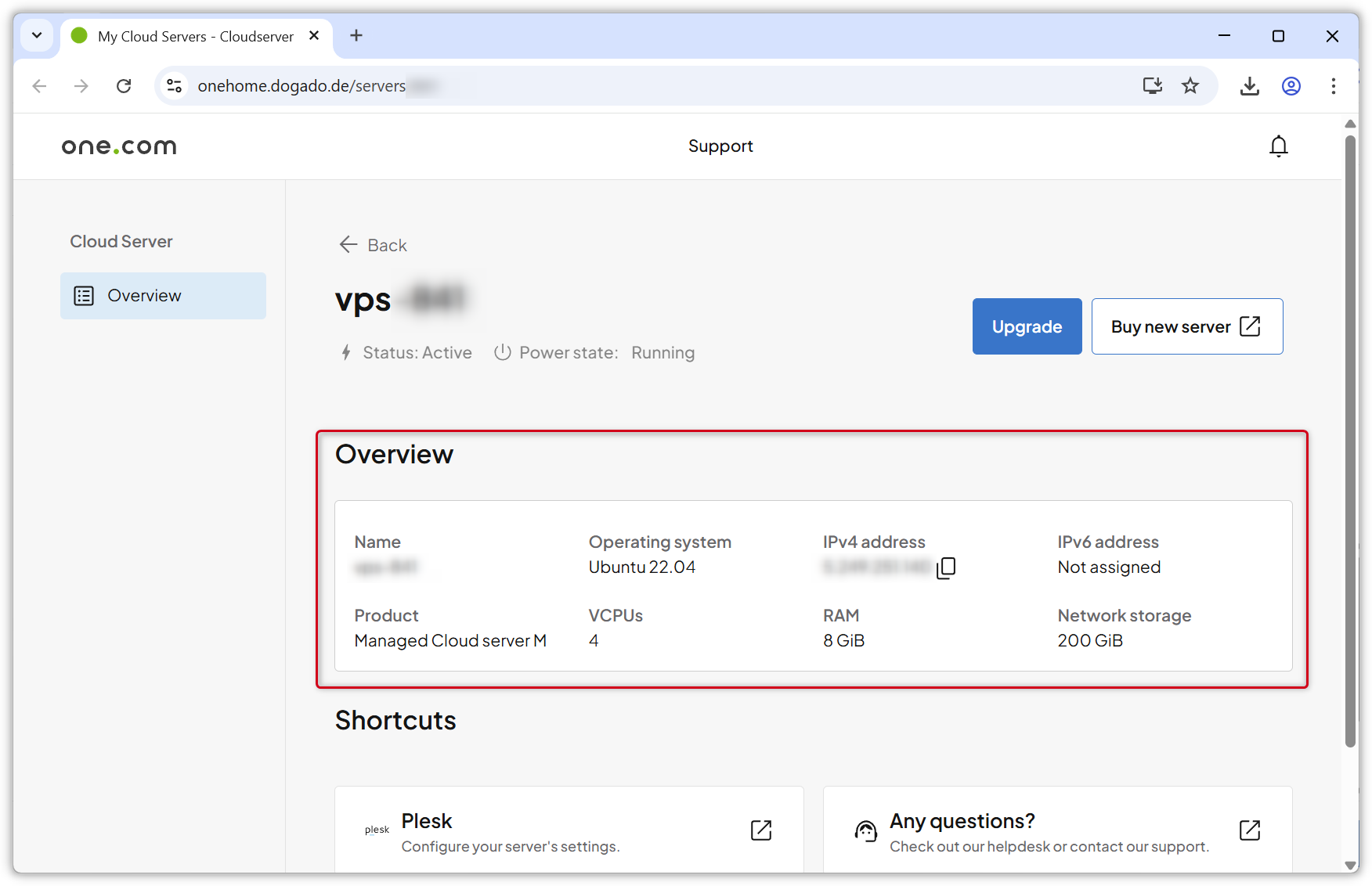 Screenshot della dashboard VPS.
