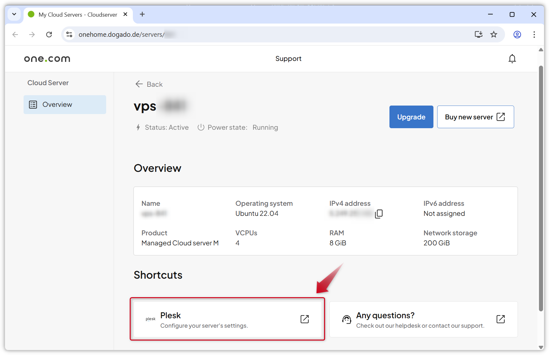 Screenshot van de Plesk tegel in het VPS-dashboard.
