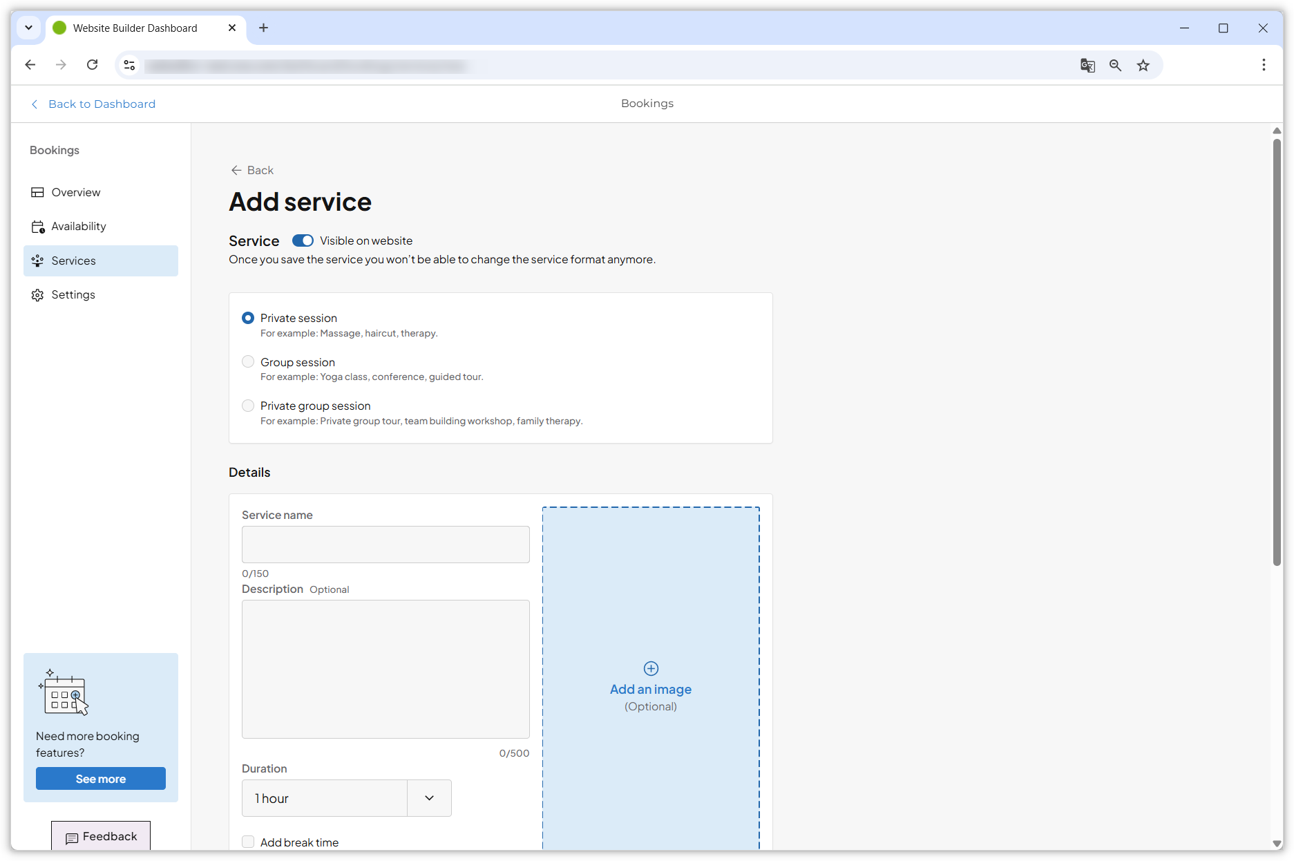 Captura de pantalla que muestra la sección de Servicios abierta de la herramienta Bookings.
