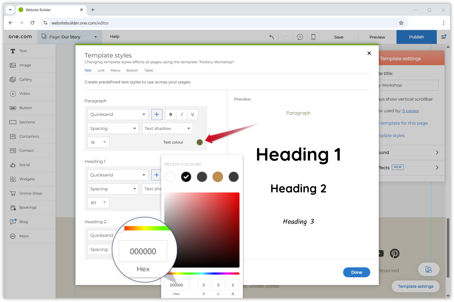 Screenshot showing the open global settings. A red arrow points towards the colour picker symbol, and the colour spectrum is open. A magnifying glass zooms in on the field where you can add a hex code.