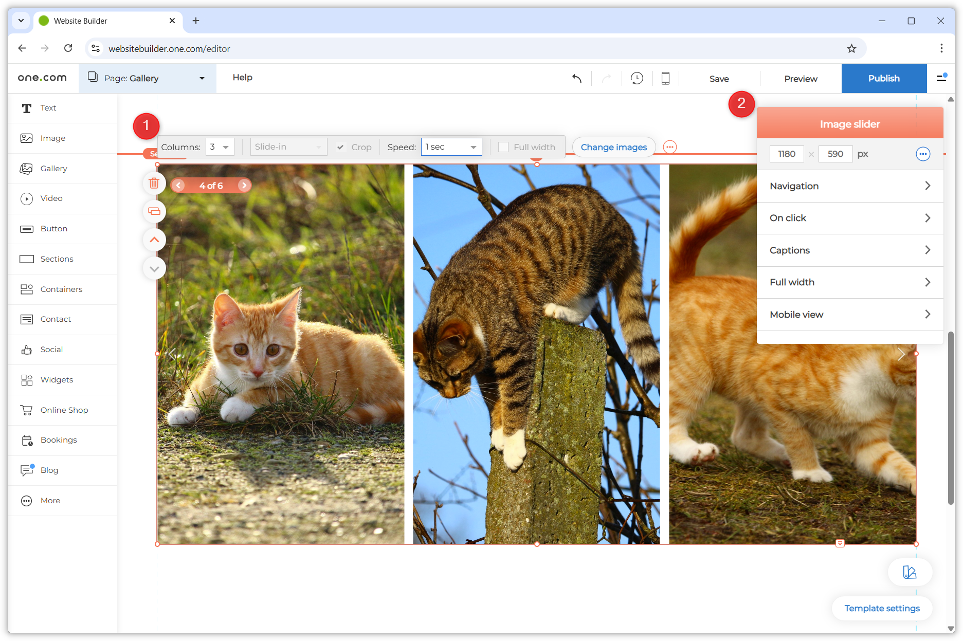 Screenshot showing the image slider component. Red dots marked '1' and '2' point to the properties panel and the floating menu.