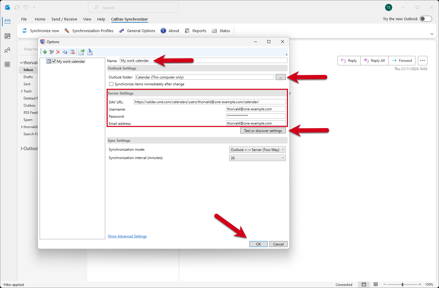 Kuvakaappaus CalDAV Synchronizer -laajennuksesta Outlookissa.