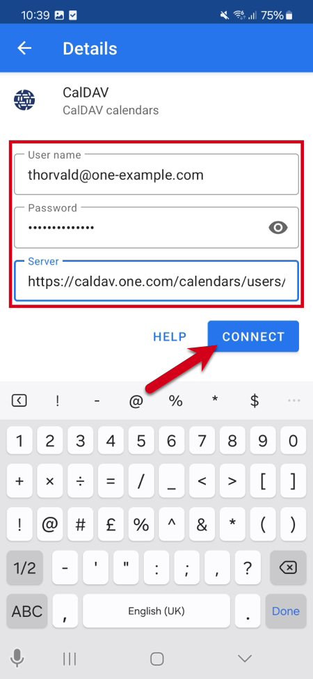 Captura de pantalla con flechas rojas que muestran los campos para el nombre de usuario, la contraseña y la URL de CalDAV.