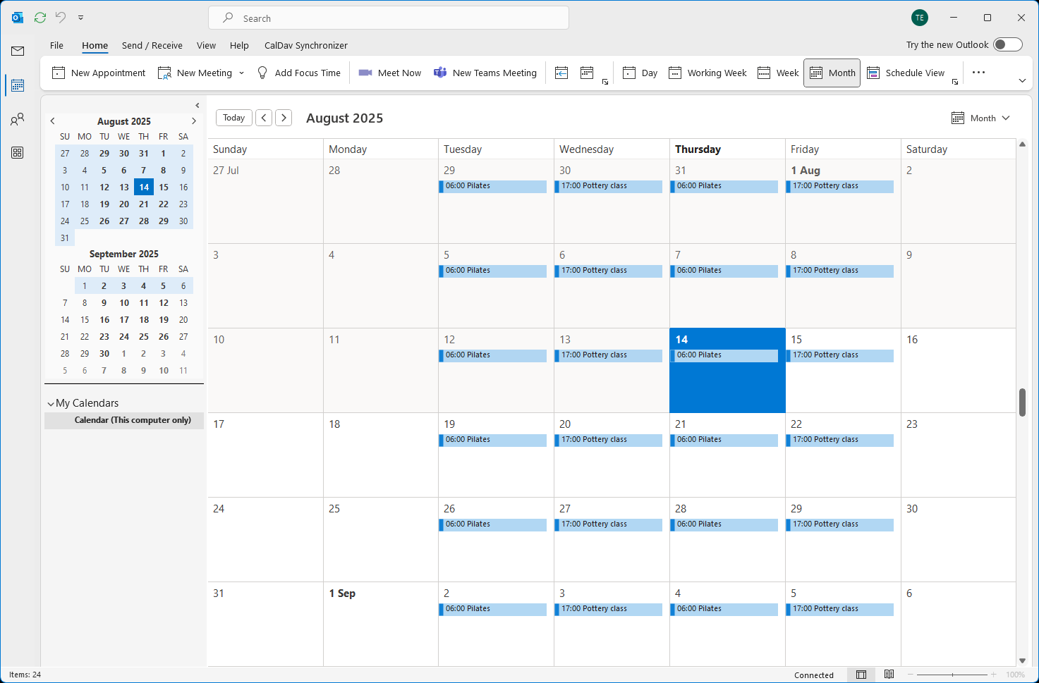 Captura de pantalla que muestra el calendario sincronizado en Outlook.