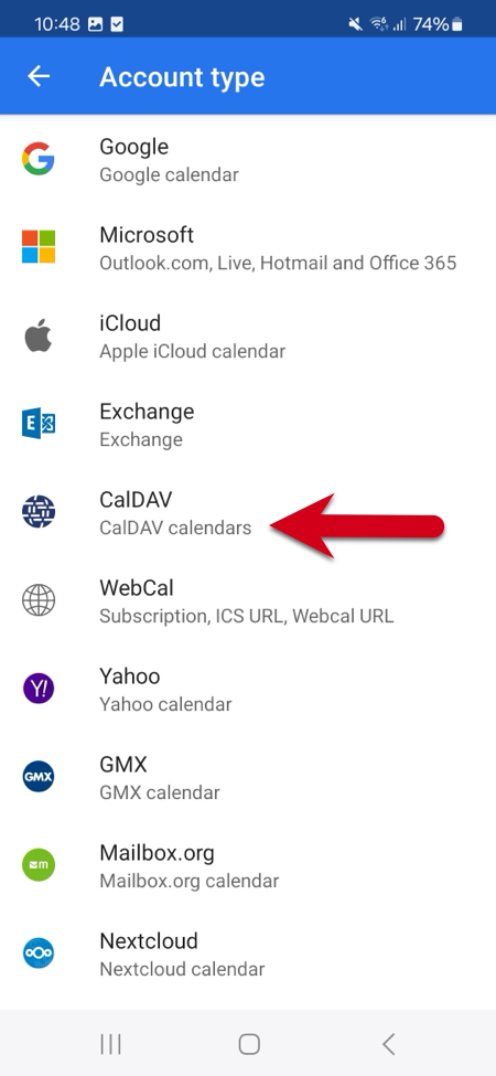 Captura de pantalla con flechas rojas apuntando a CalDAV.