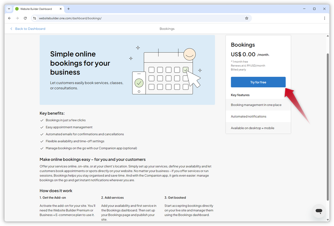 Skærmbillede, der viser den første aktiveringsside for Bookingsystemet. En rød pil peger på den blå knap "Prøv gratis" til venstre.