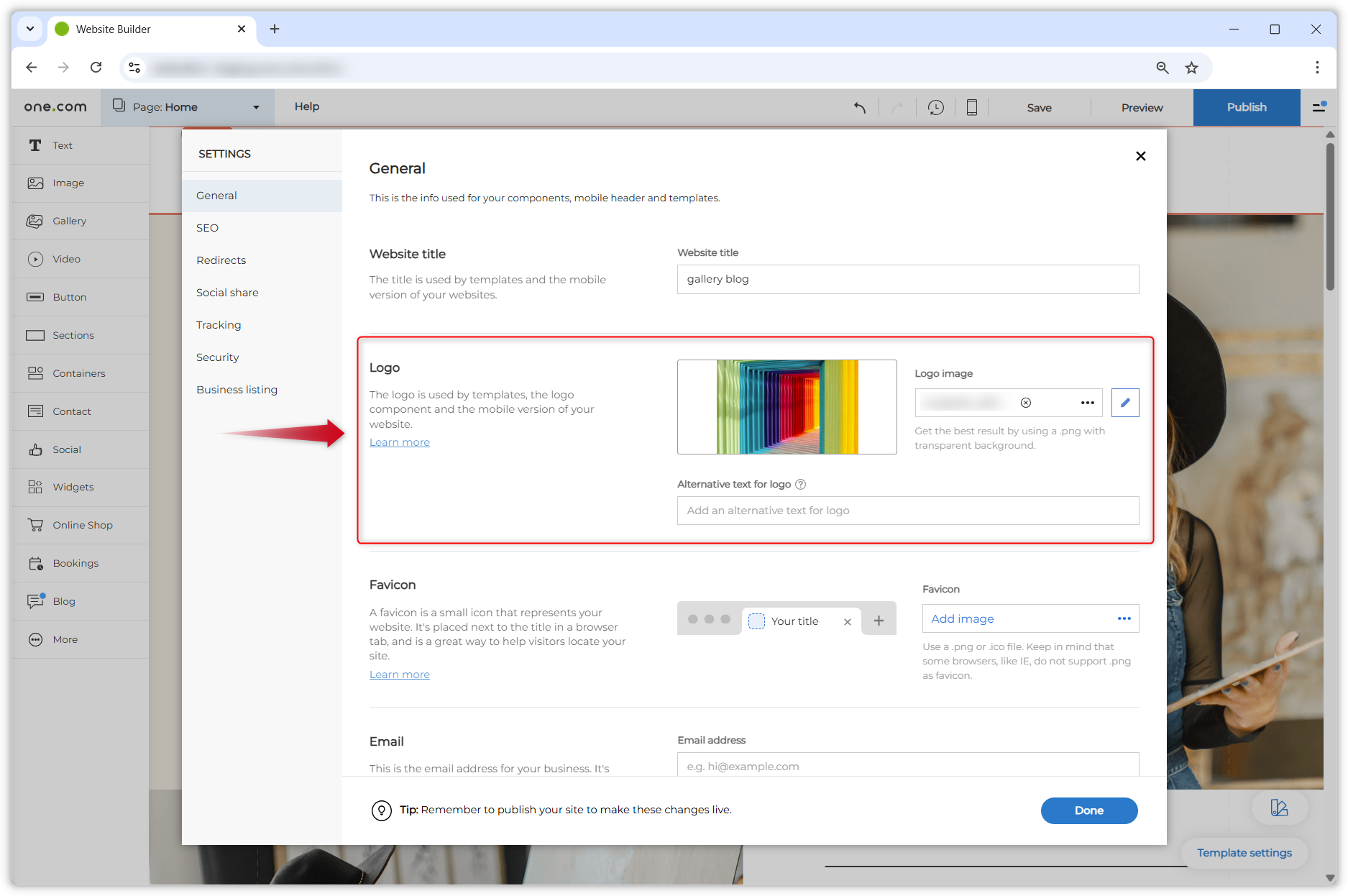 Screenshot showing the General settings. There's a red frame around the logo settings and a red arrow also points to them.