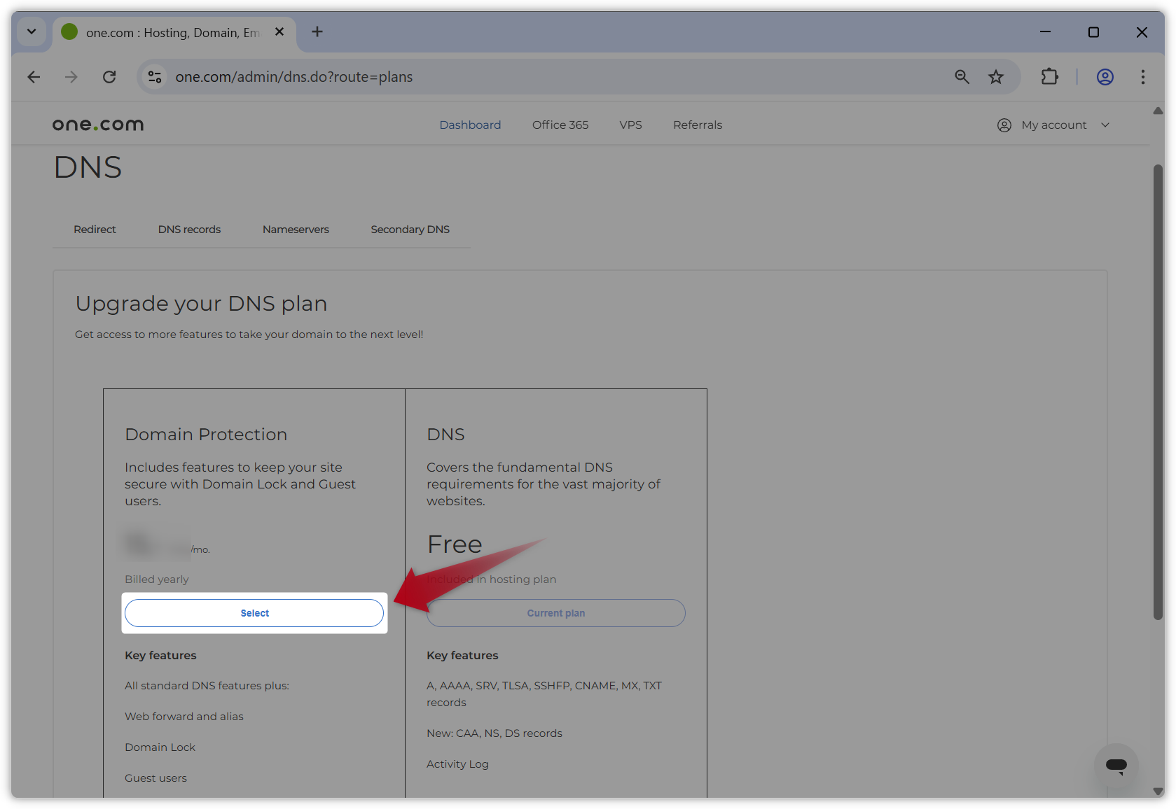 Screenshot of the Controlpanel where an arrow is pointed to the Select-button under Domain Protection.