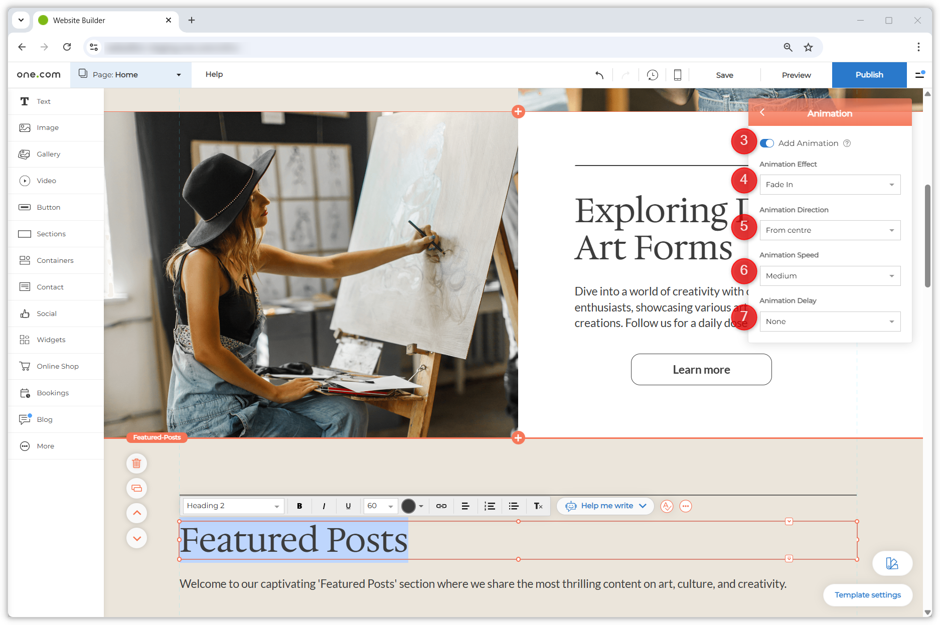Screenshot van het eigenschappenpaneel en het zwevende menu van een component. Het zwevende menu heeft het Animatie-menu geopend, met genummerde stippen die de instellingen aanduiden zoals hierboven beschreven.