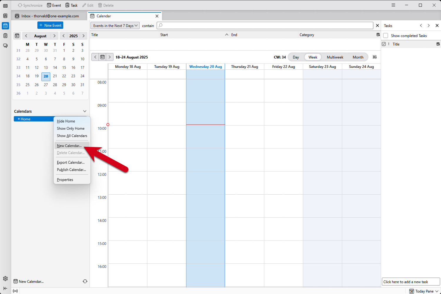 Screenshot mit einem roten Pfeil, der auf die Option „Neuer Kalender...“ im Menü zeigt.