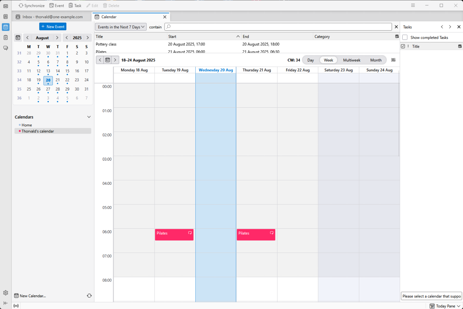 Skärmbild av Thunderbird som visar kalenderöversikten med en ny CalDAV-kalender som har lagts till, och där händelser visas i kalendern.