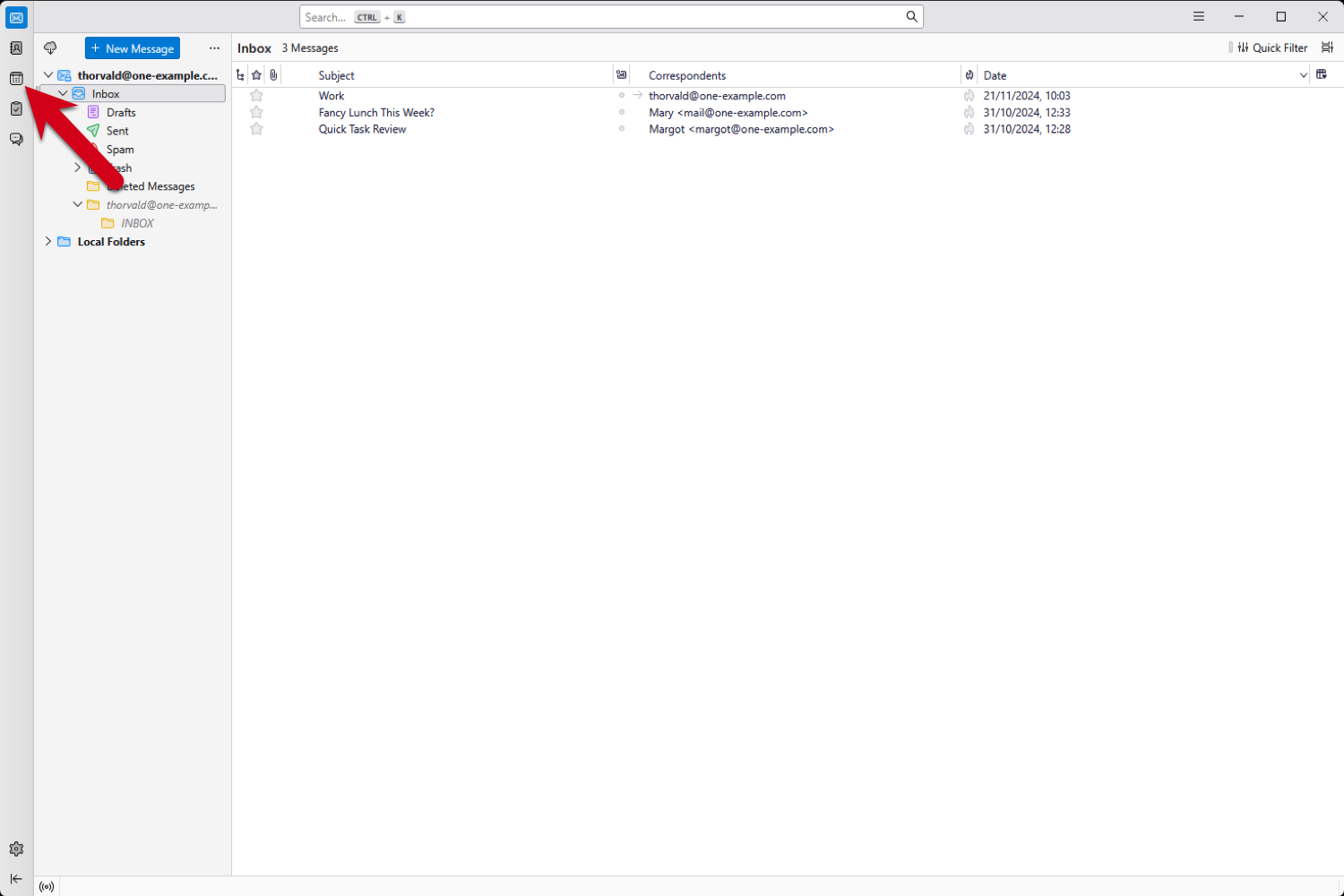 Screenshot with a red arrow pointing to the Calendar icon in Thunderbird.
