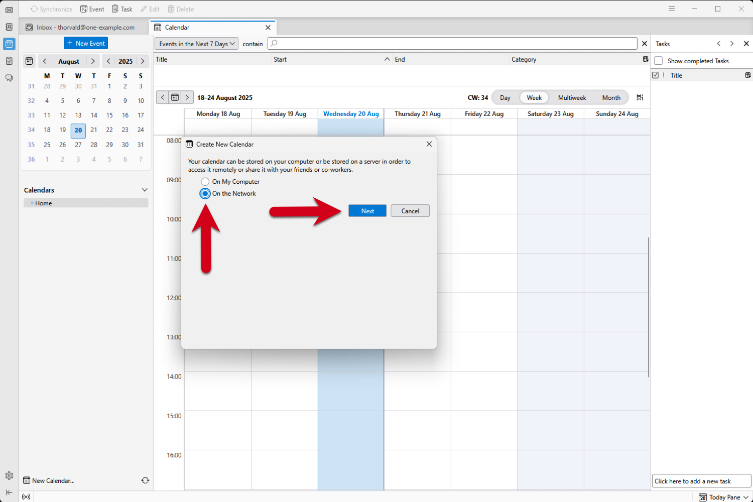 Screenshot with a red arrow showing to select "On the Network" and then click "Next".