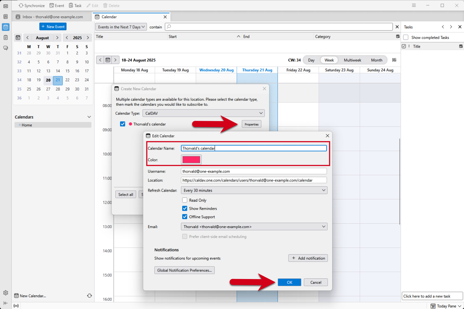 Screenshot of Thunderbird showing the "Create New Calendar" dialog. A red arrow points to the "Properties" button, which you click to choose a name and a color for your calendar.