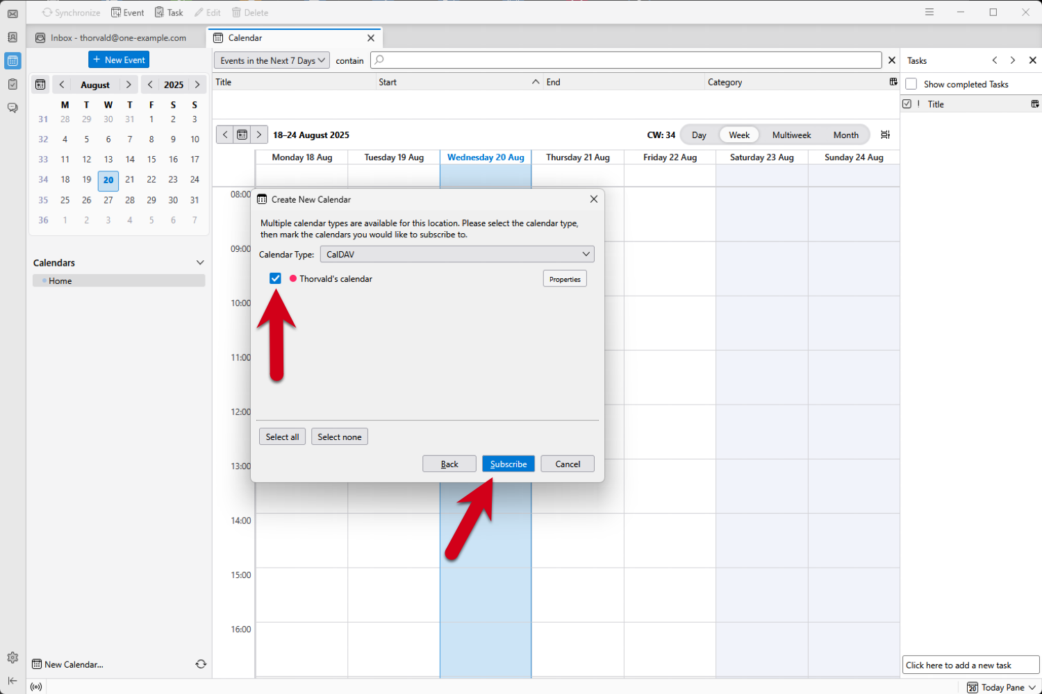 Screenshot of Thunderbird showing the "Create New Calendar" dialog. A red arrow points to the checkbox to select a calendar, and another red arrow points to the "Subscribe" button.