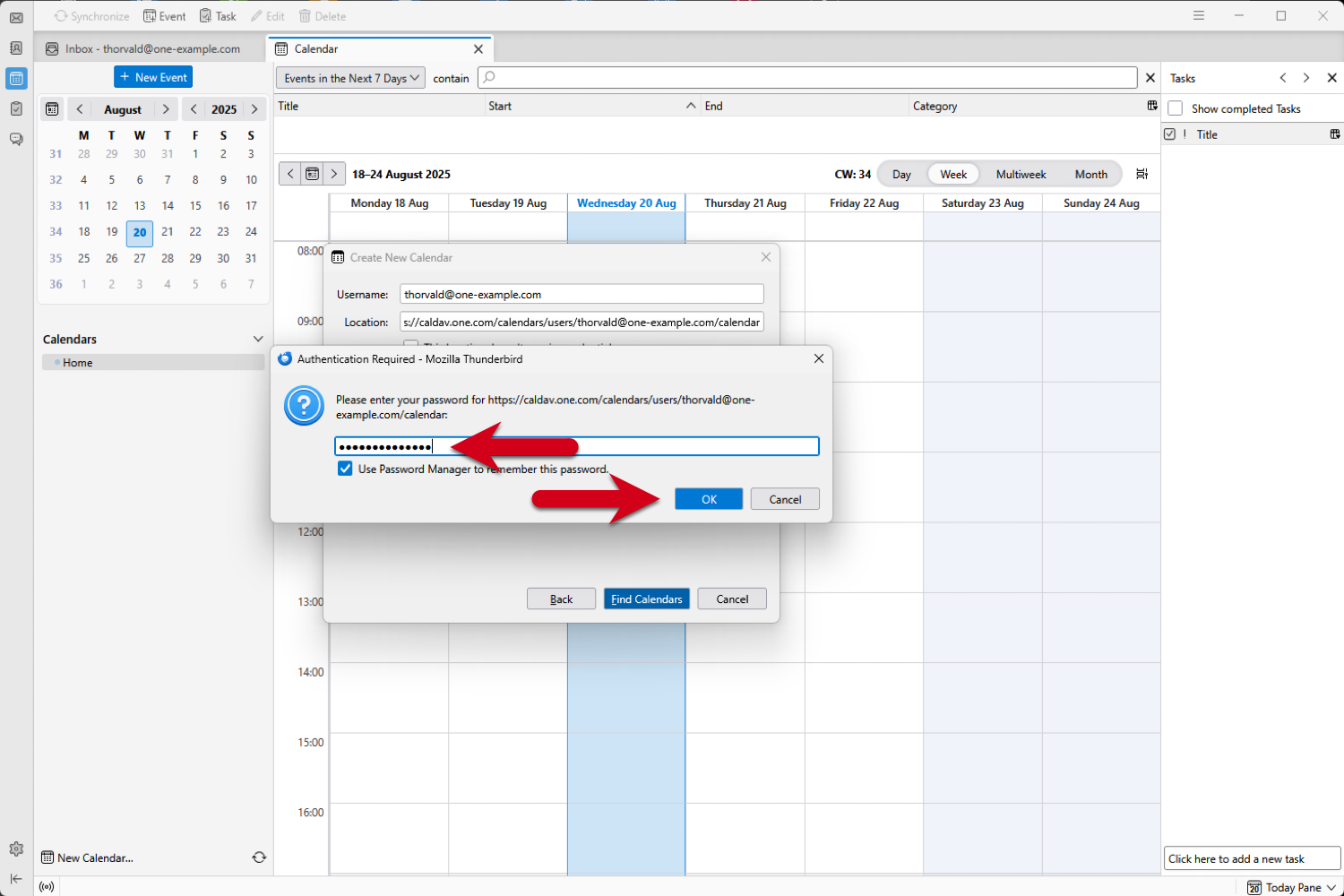Screenshot von Thunderbird mit dem Dialogfeld „Authentifizierung erforderlich“. Ein roter Pfeil zeigt auf das Passwortfeld, ein weiterer roter Pfeil zeigt auf den Button „OK“.