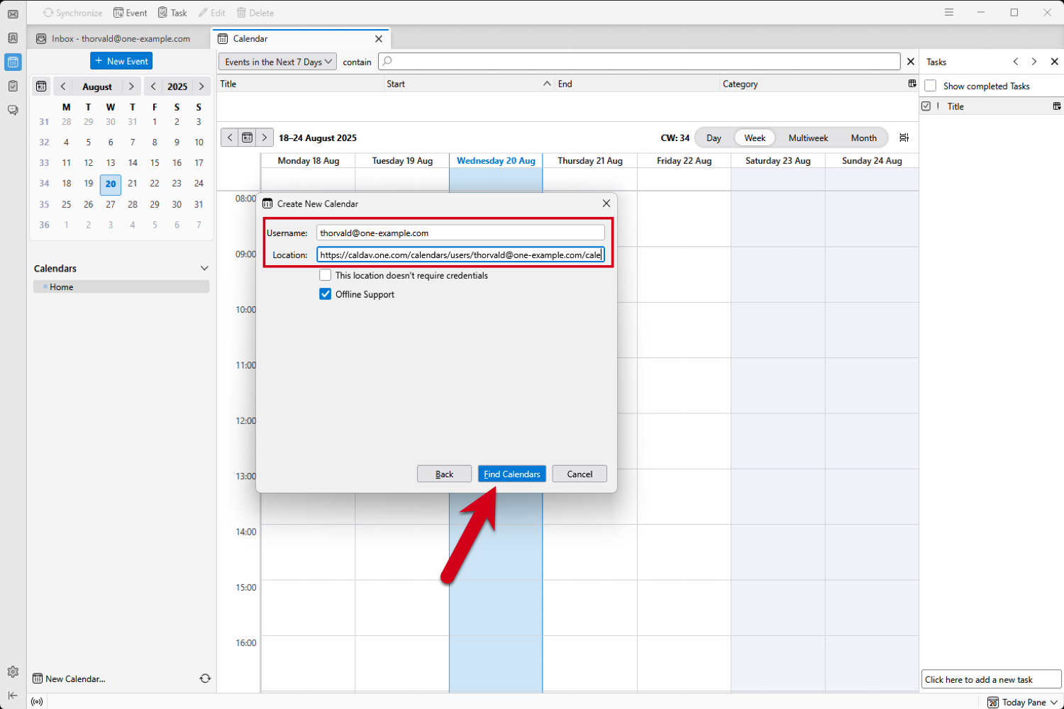Skärmbild av Thunderbird som visar dialogrutan ”Skapa ny kalender”. Fälten Användarnamn och Plats är markerade, och en röd pil pekar på knappen ”Hitta kalendrar”.