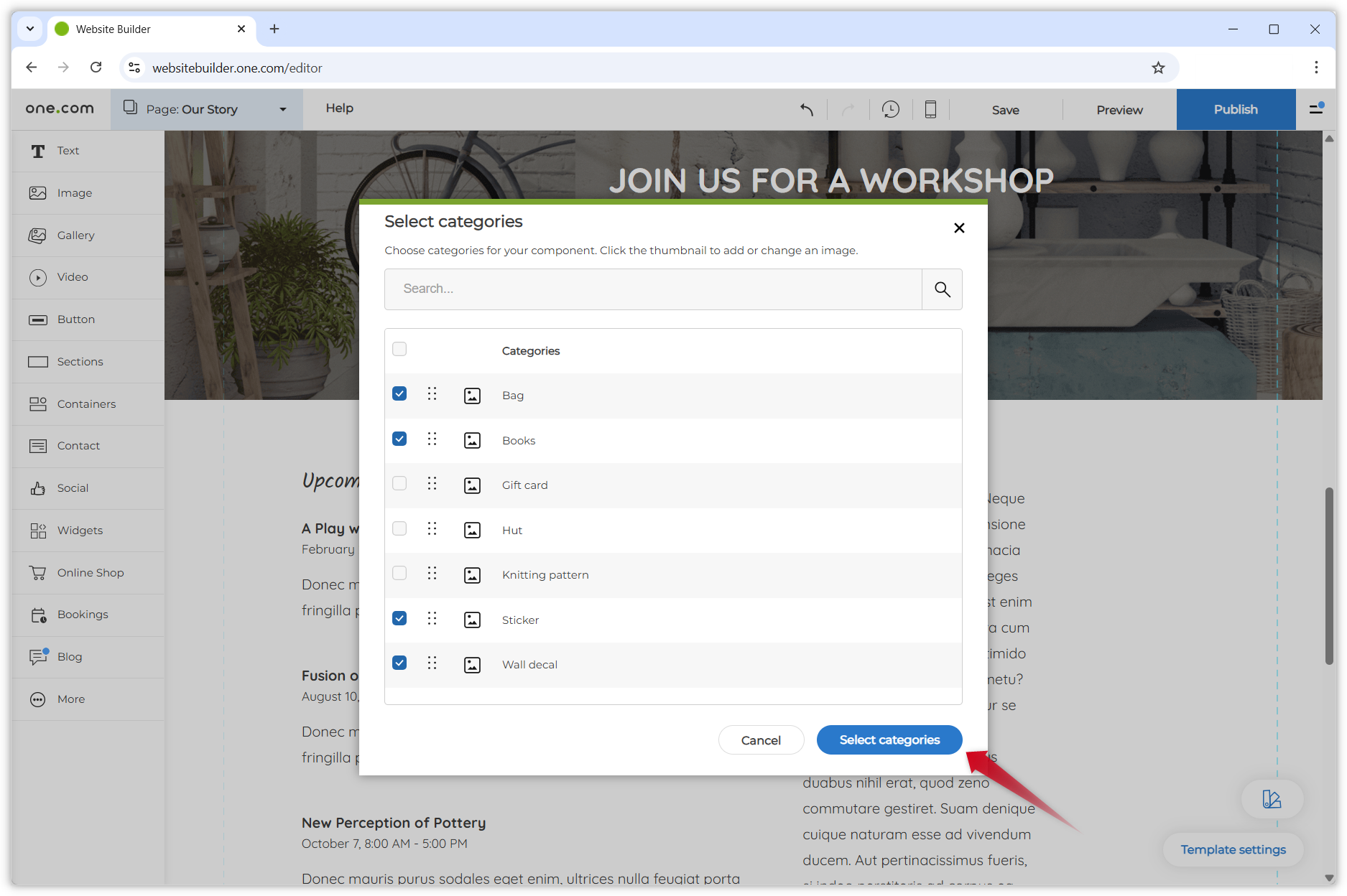 Screenshot des Popup-Fensters "Kategorien auswählen". Die Kästchen neben den ausgewählten Kategorien sind angekreuzt, und ein roter Pfeil zeigt auf den Button "Kategorien auswählen".