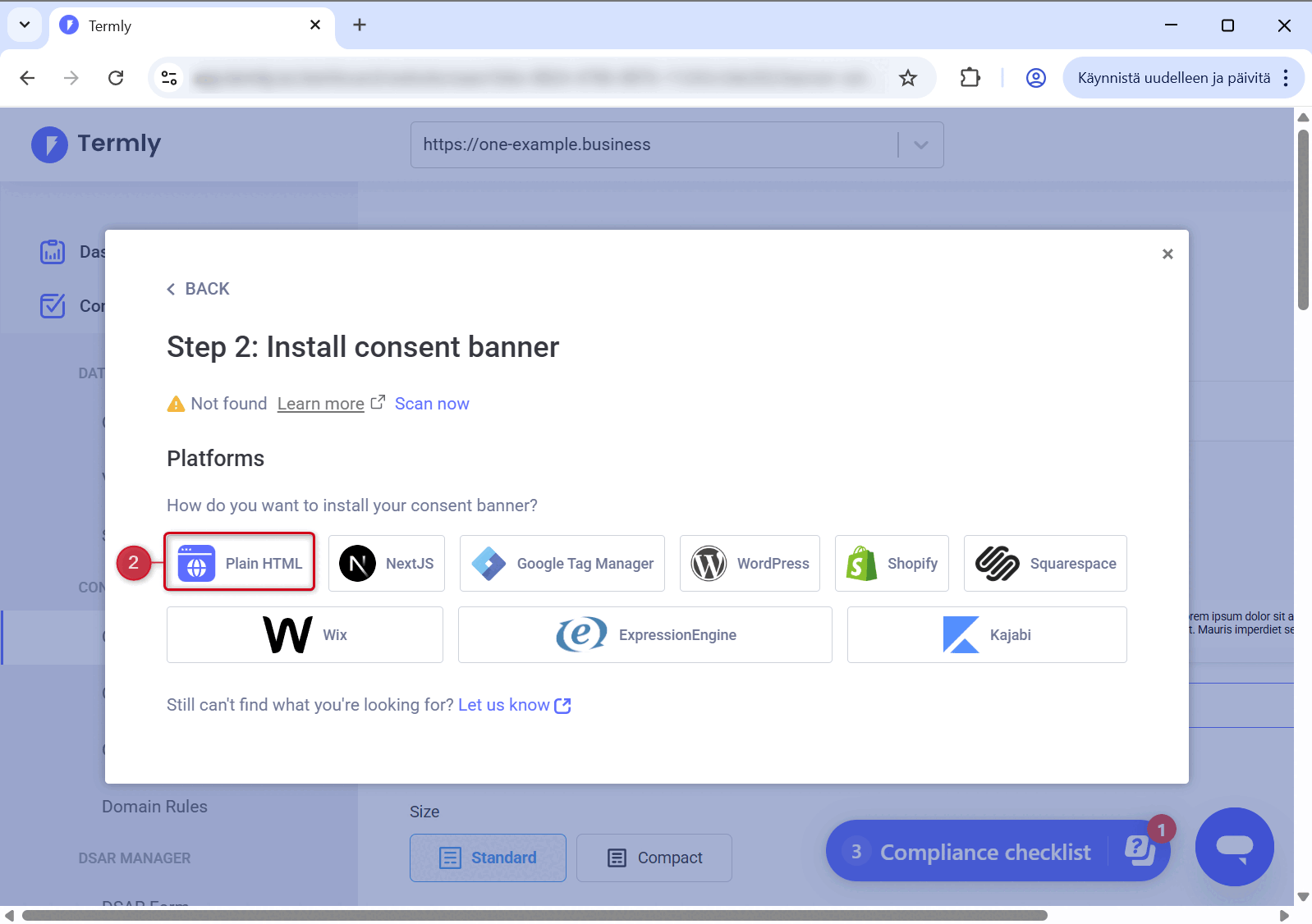 Gif-Animation, die zeigt, wie Sie den HTML-Code des Einwilligungsbanners in das Termly-Dashboard kopieren.