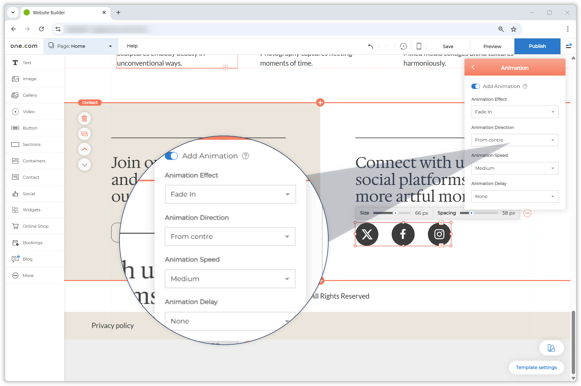 Screenshot van het geopende tabblad Animaties in het zwevende menu. Een vergrootglas zoomt in op de verschillende instellingen.