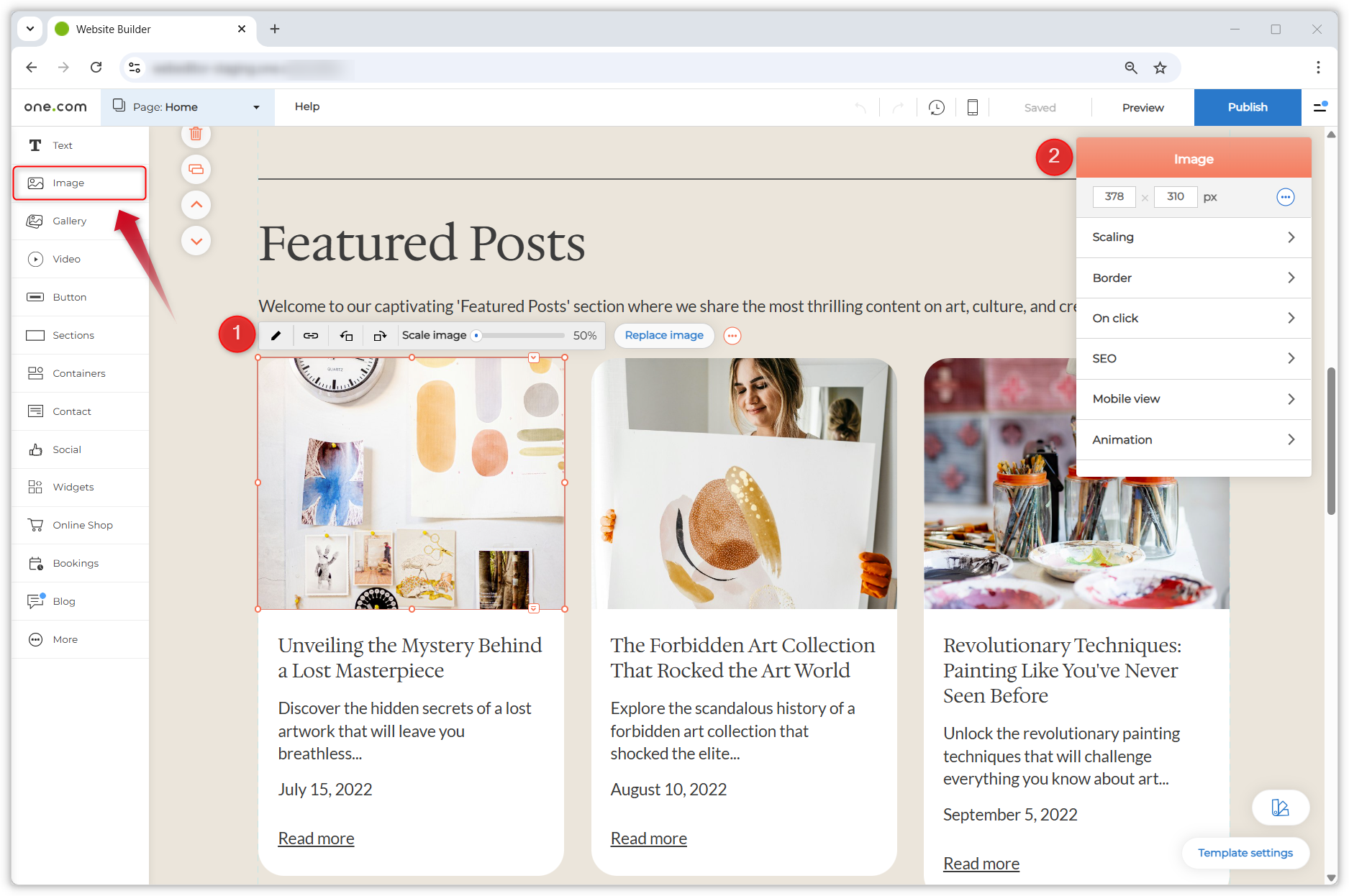 Kuvakaappaus Website Builder -editorista. Kuvassa näytetään, mistä kuvakomponentti ja sen asetukset löytyvät.
