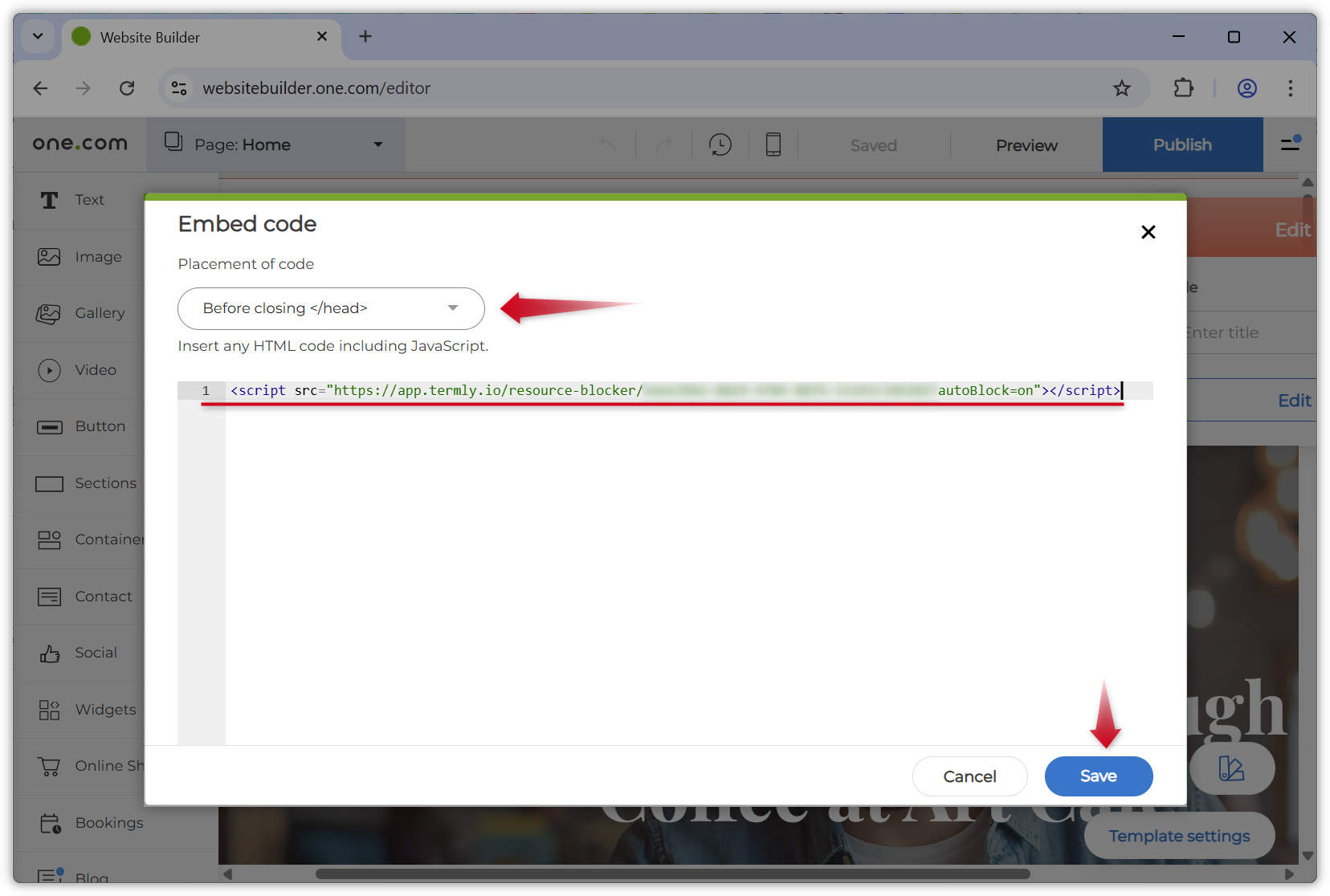 Skærmbillede af kodekomponenten i Website Builder-editoren.