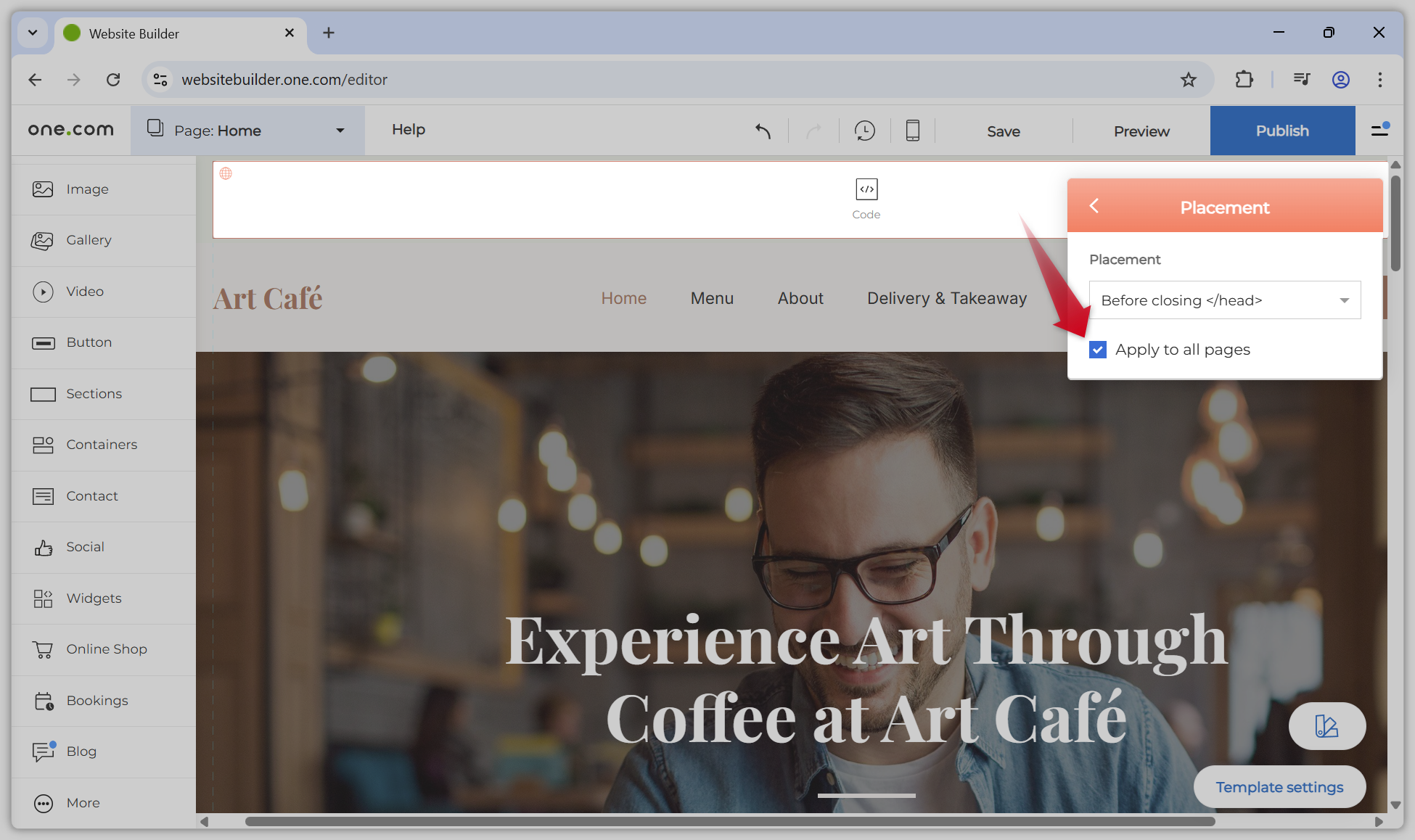 Screenshot van de instellingen van het codebestand in de Website Builder-editor.