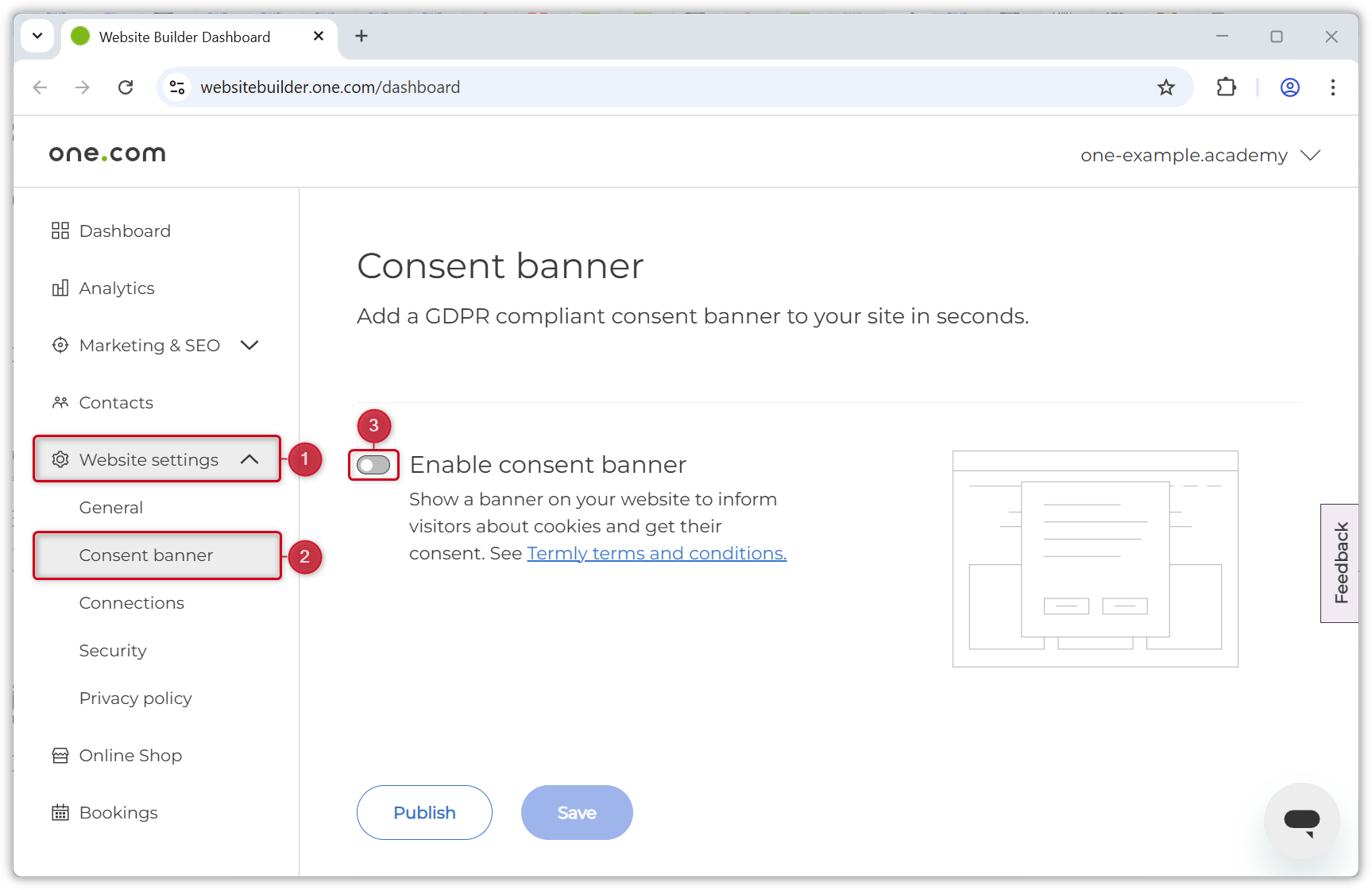Screenshot van de consentbanner-pagina in het Website Builder-dashboard.