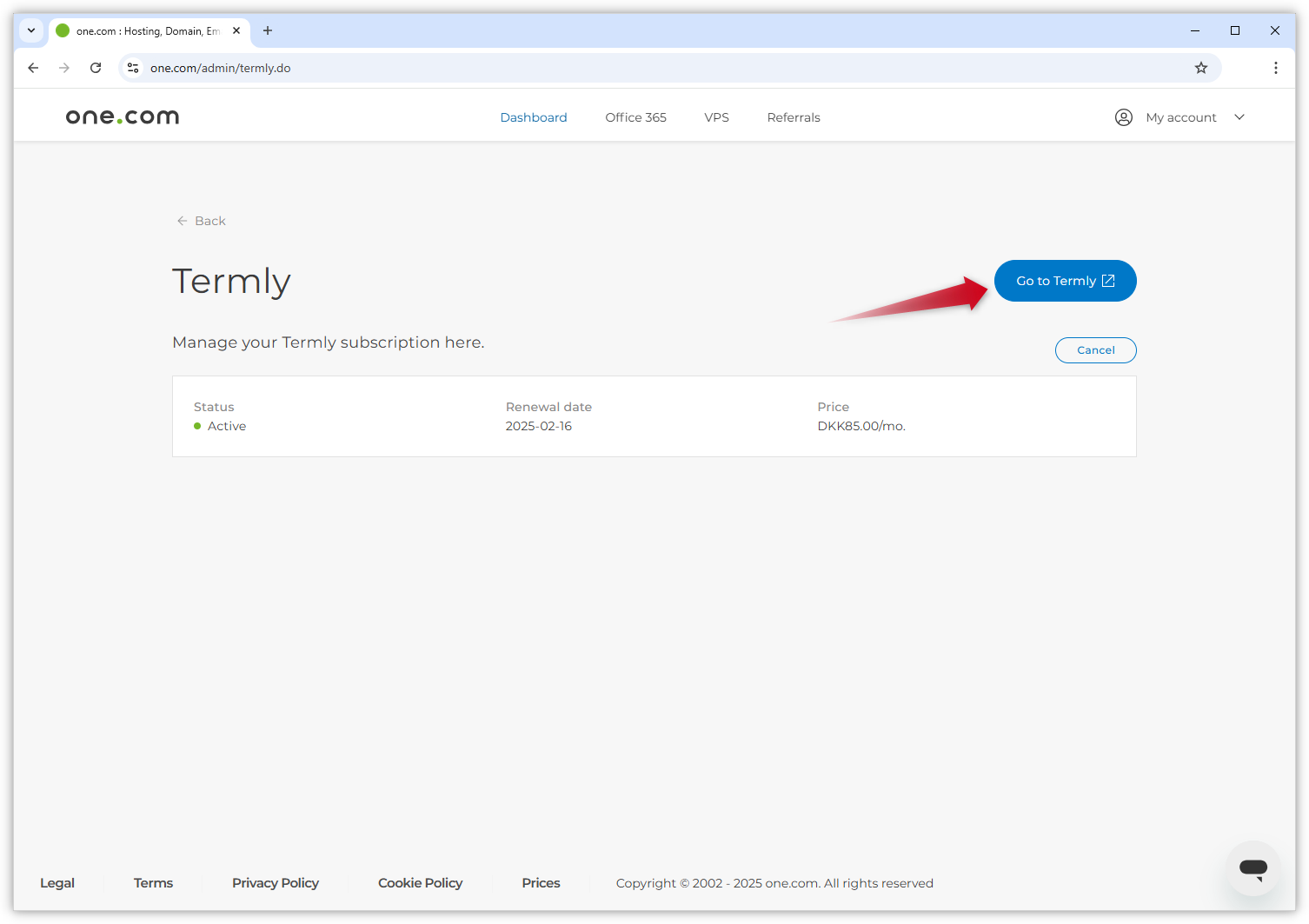 Capture d'écran de la page Termly dans le panneau de contrôle one.com. Le lien 'Go to Termly' est mis en évidence.