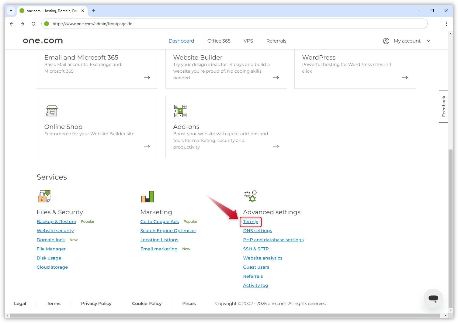 Captura de pantalla del panel de control de one.com. El enlace «Termly» (Trimestral) en «Advanced Settings» (Configuración avanzada) aparece resaltado.