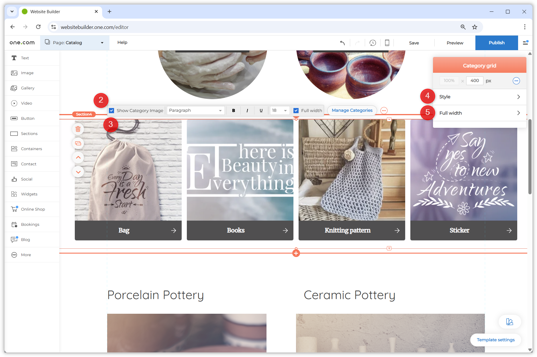 Screenshot met de twee geopende menu's. Rode genummerde stippen geven de elementen aan die in stap 3 worden genoemd.