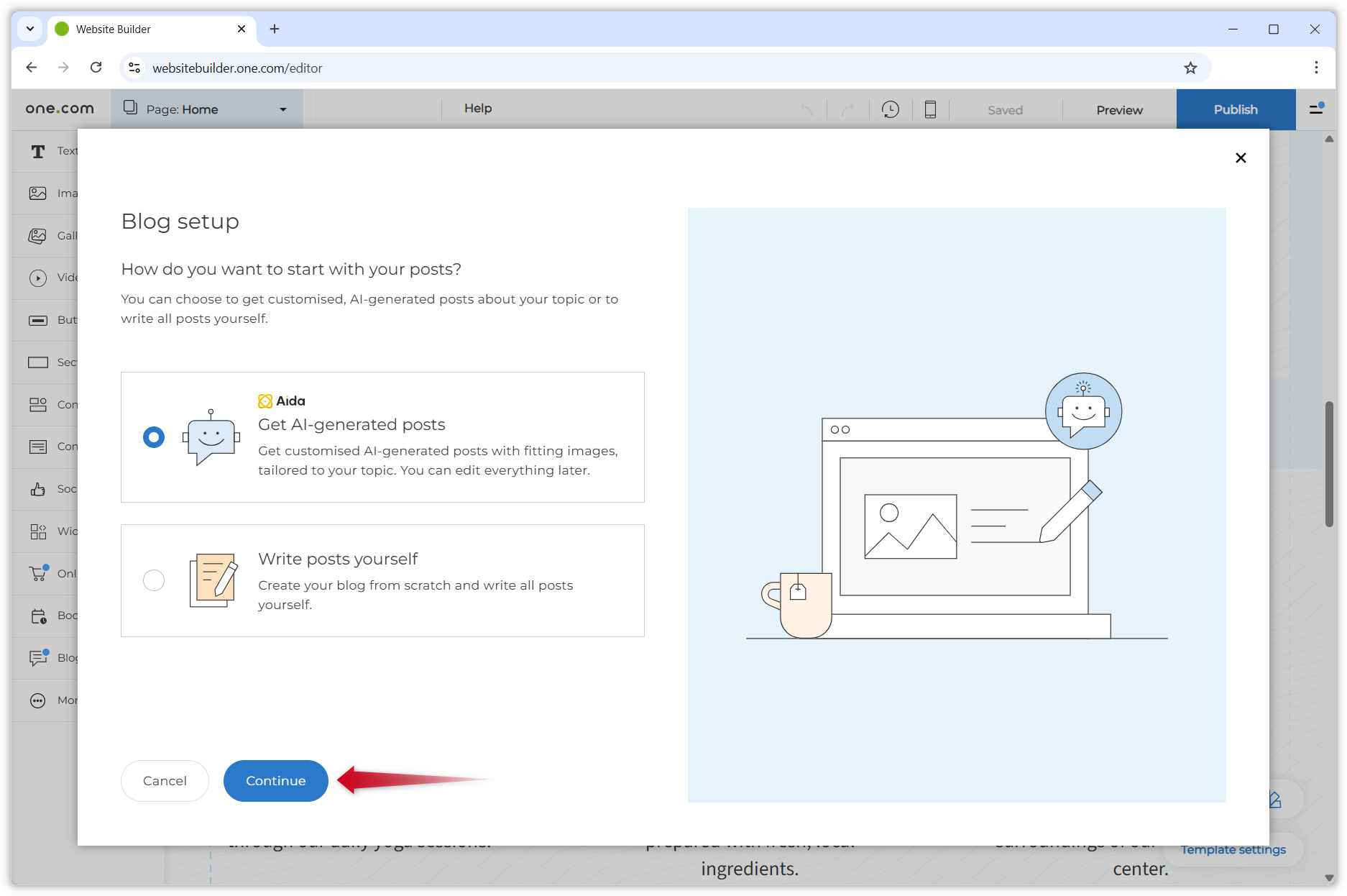 Screenshot showing the blog setup page. The option to create AI-generated posts is selected, and a red arrow points to the 'Continue' button.
