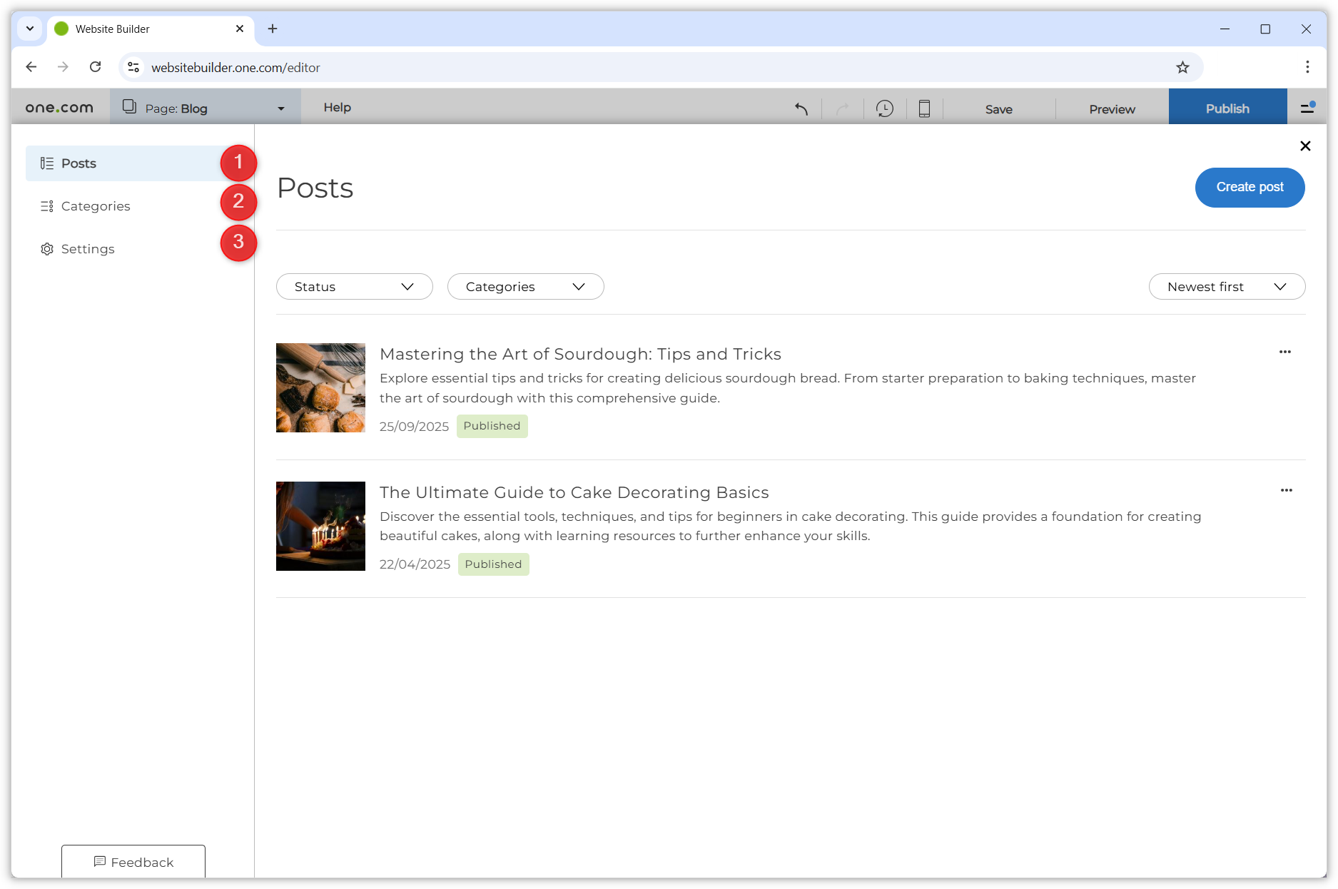 Screenshot showing the blog dashboard. Three red numbered dots point to the menu items in the menu on the left.
