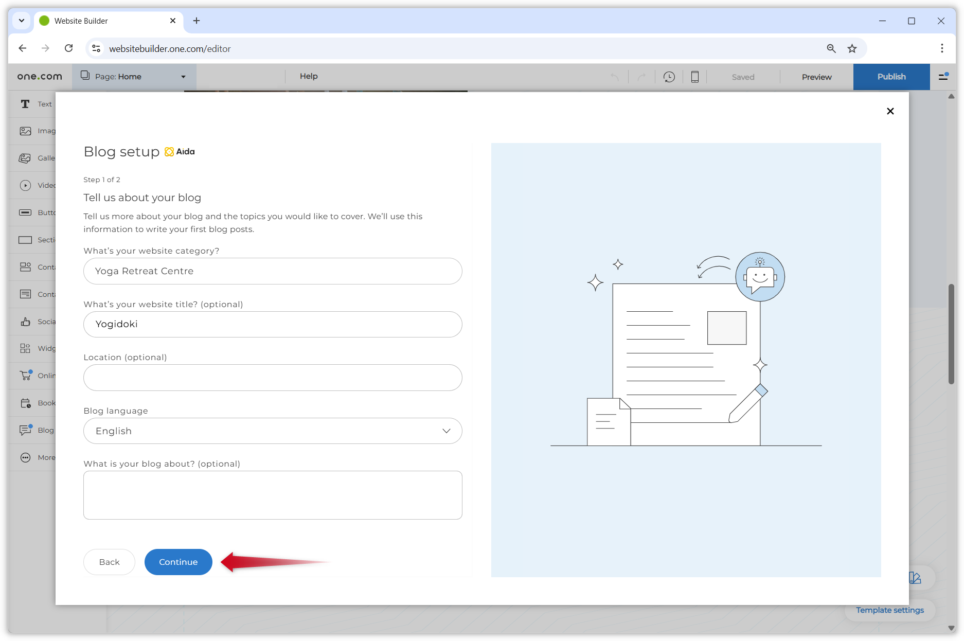 Capture d’écran montrant la section « Parlez-nous de votre blog » dans le flux de configuration. Une flèche rouge pointe vers le bouton « Continuer ».