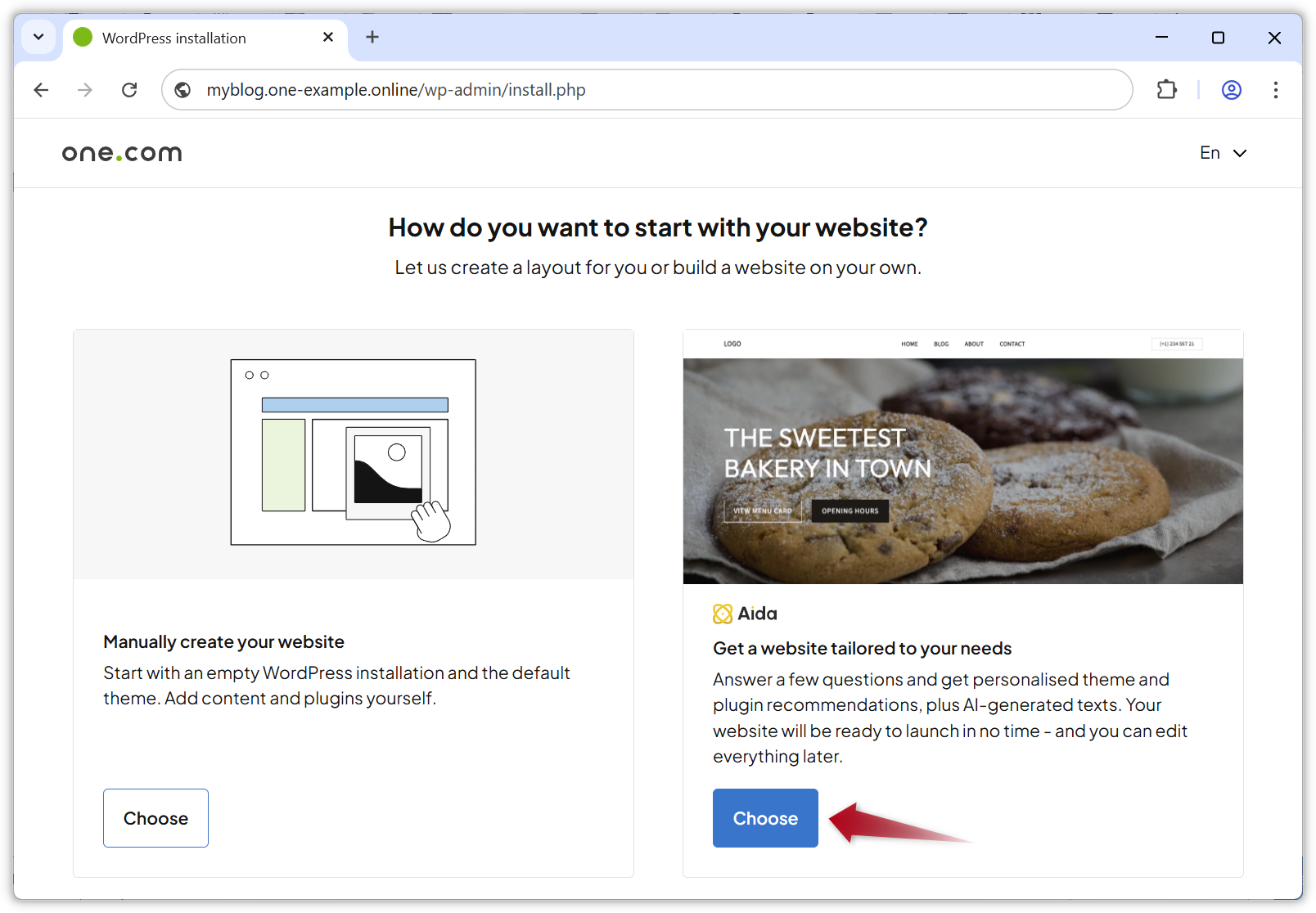 Captura de tela da página onde você pode escolher entre gerar um site com Aida e criação manual.
