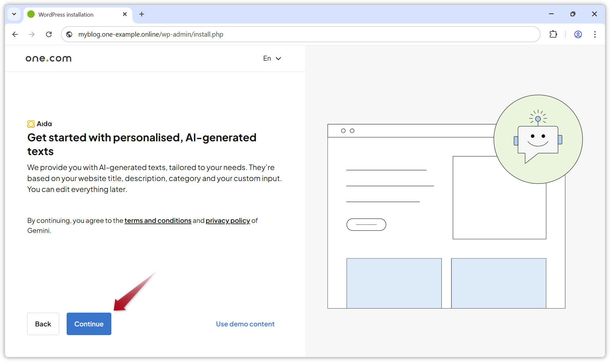 Skärmdump av sidan där du kan välja om du vill generera texter med AI.
