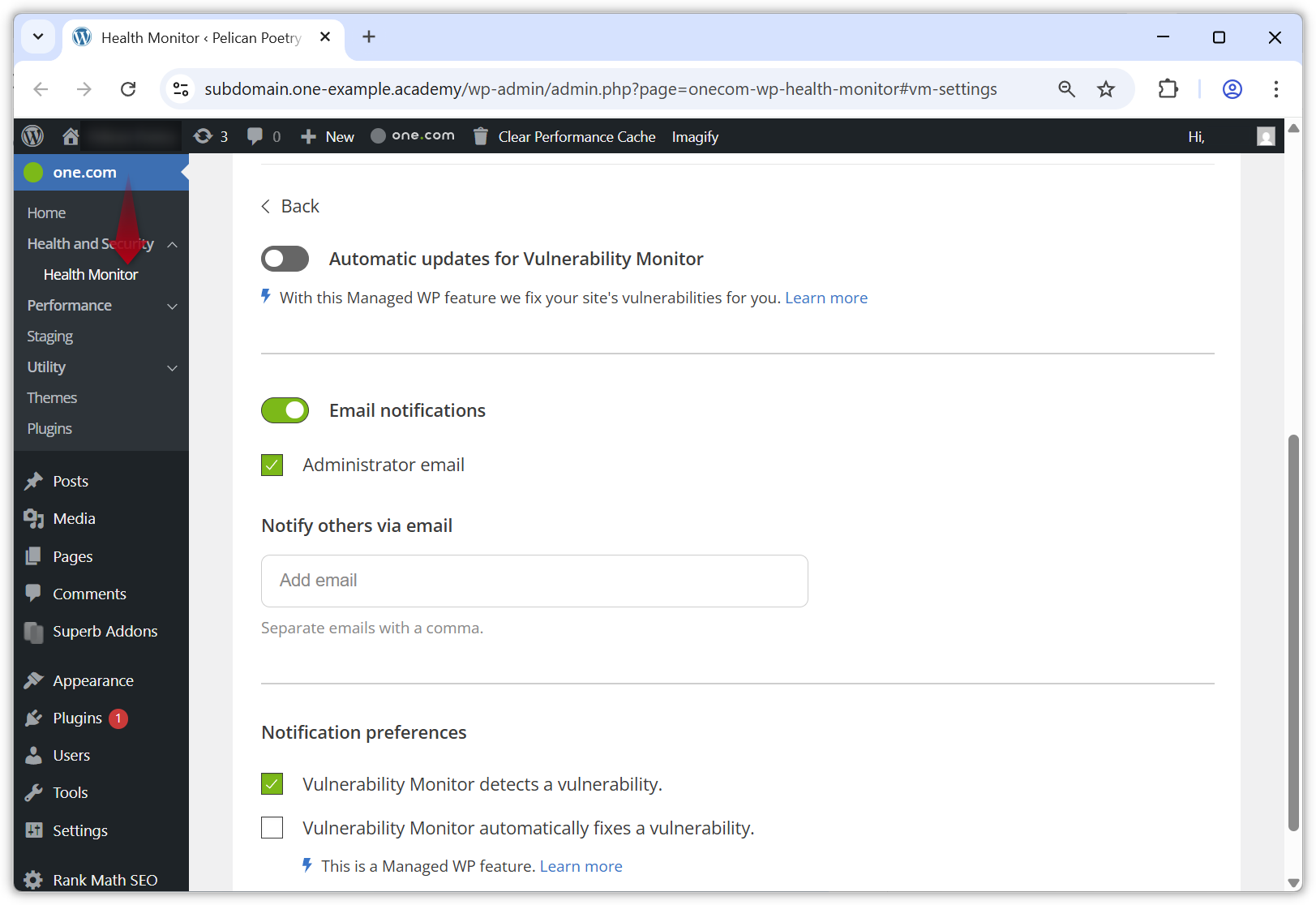 Screenshot of the Vulnerability Monitor settings in WP Admin.