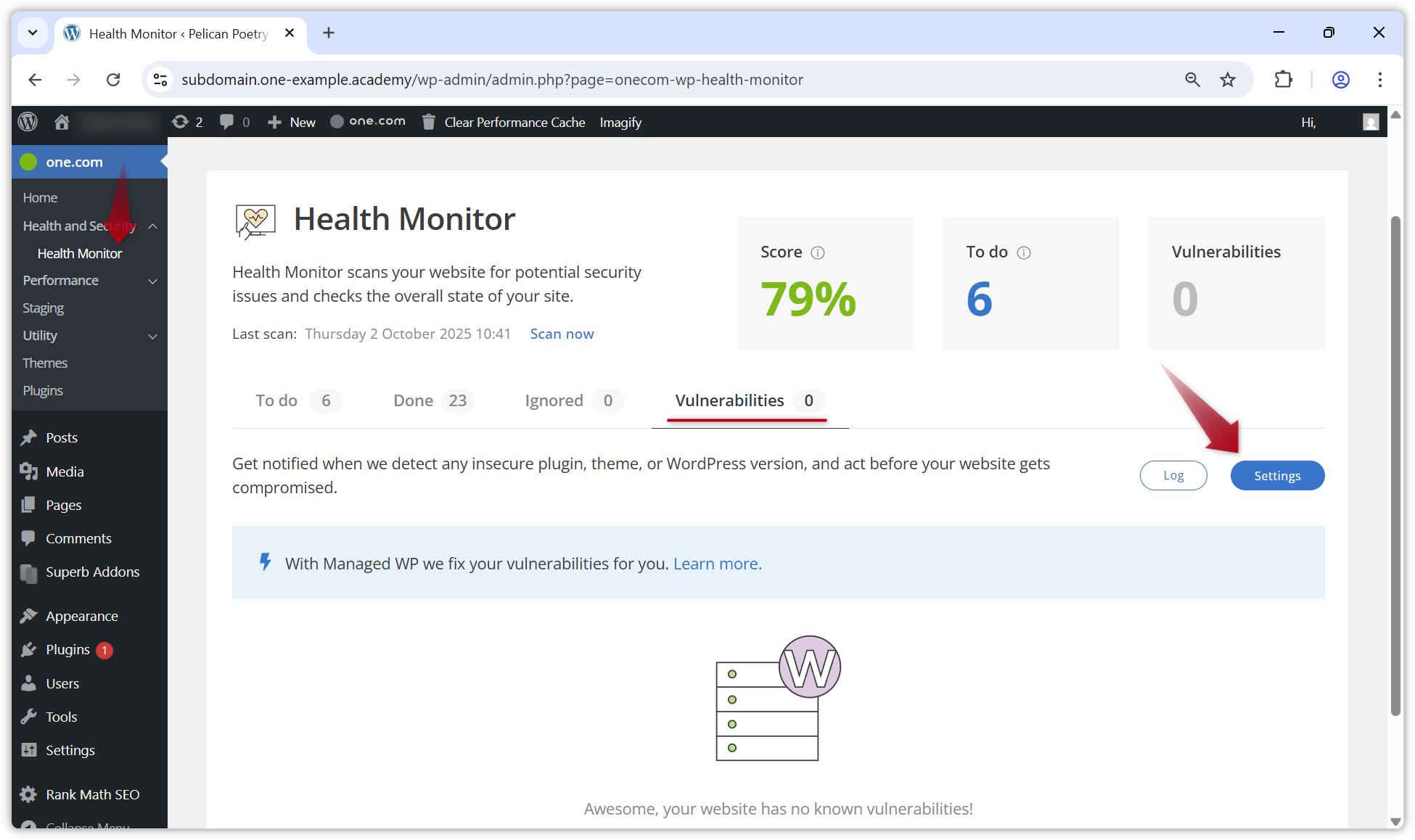 Screenshot des Abschnitts „Health Monitor“ in WP Admin.