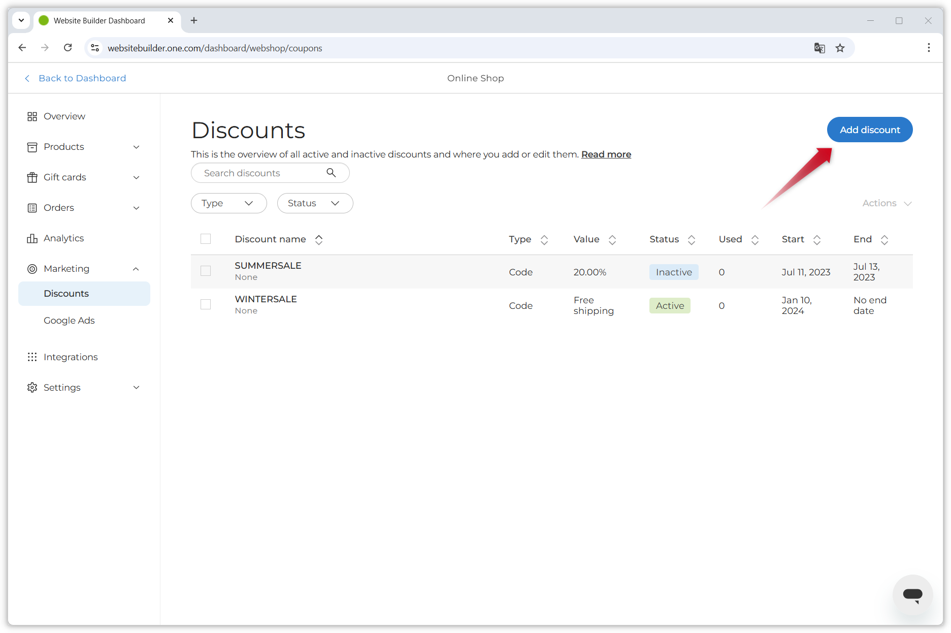 Screenshot showing the Discounts page. A red arrow points to the 'Add discount' button on the top right.