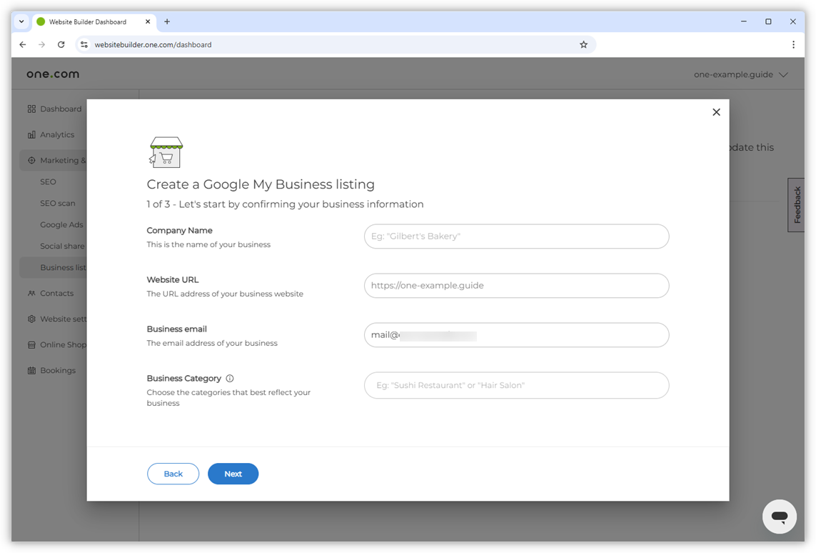 This screenshot shows the Create a Google My Business listing page and the fields to fill in.