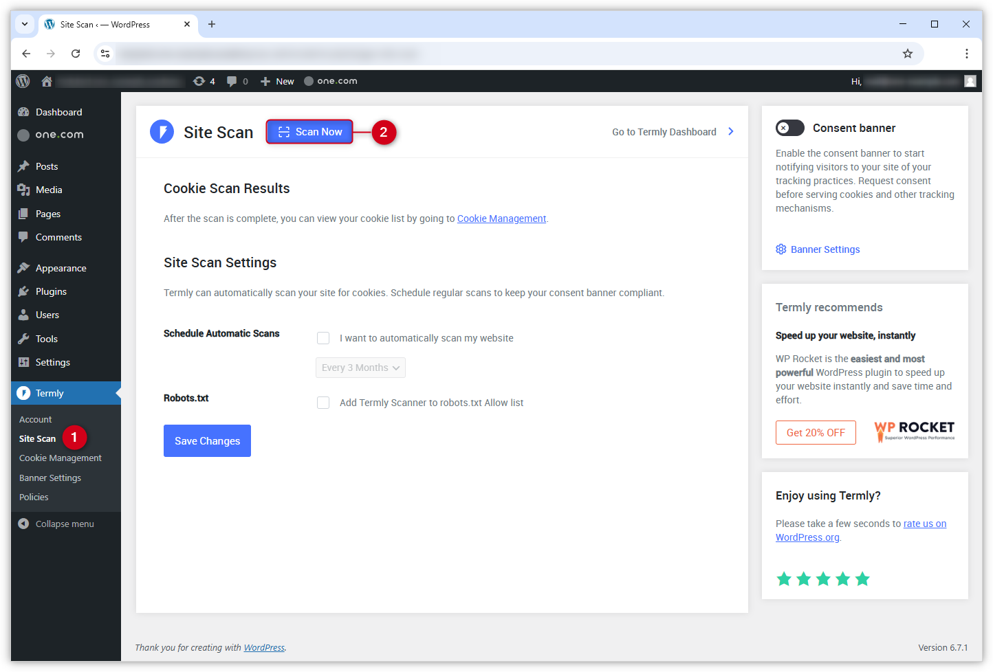 Funcionalidade de digitalização de site do plugin Termly no WP Admin.