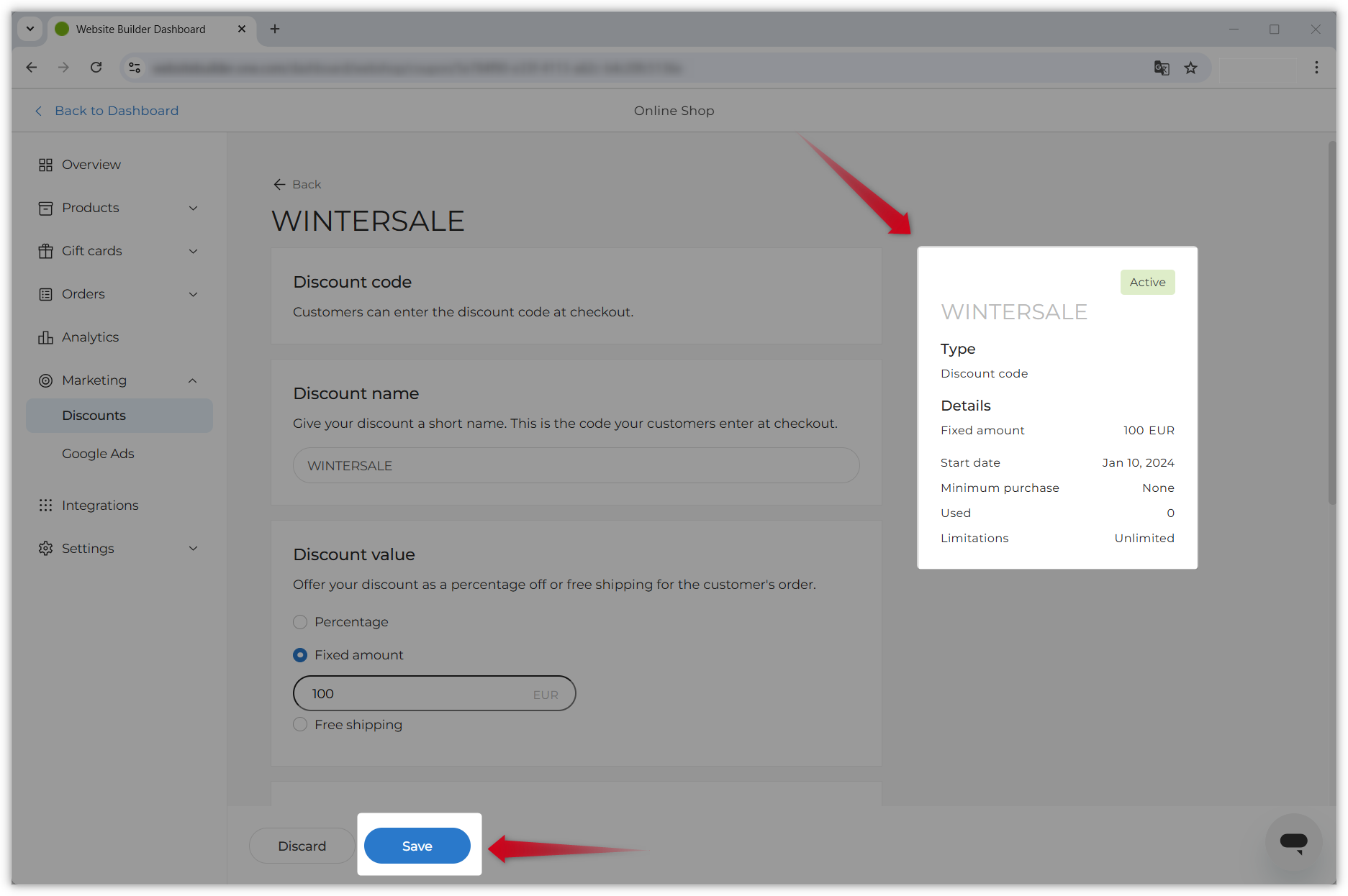 Screenshot che mostra la pagina dei dettagli di un codice coupon. Il riepilogo dello sconto sul lato destro della pagina e il bottone "Salva" in fondo alla pagina sono stati evidenziati e le frecce rosse puntano verso ciascuno dei due elementi.