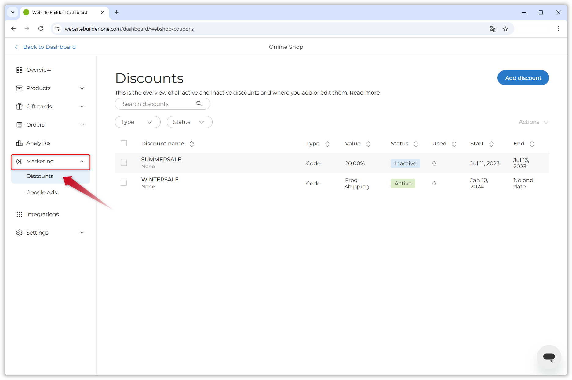 Capture d’écran montrant la page Remises dans le tableau de bord de la boutique en ligne. Un cadre rouge entoure la tuile « Marketing » dans le menu à gauche, et une flèche rouge pointe vers le menu « Remises ».