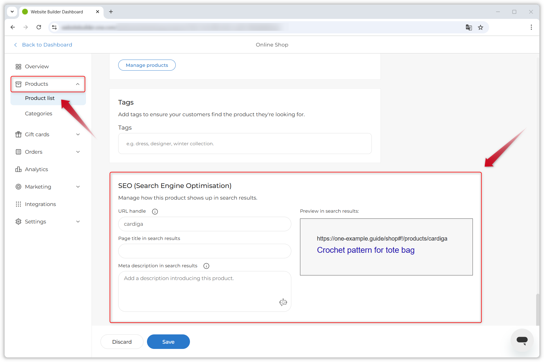Screenshot van de detailpagina van een product in het Webshop-dashboard. Een rood kader markeert de SEO-sectie en een rode pijl wijst ernaar.