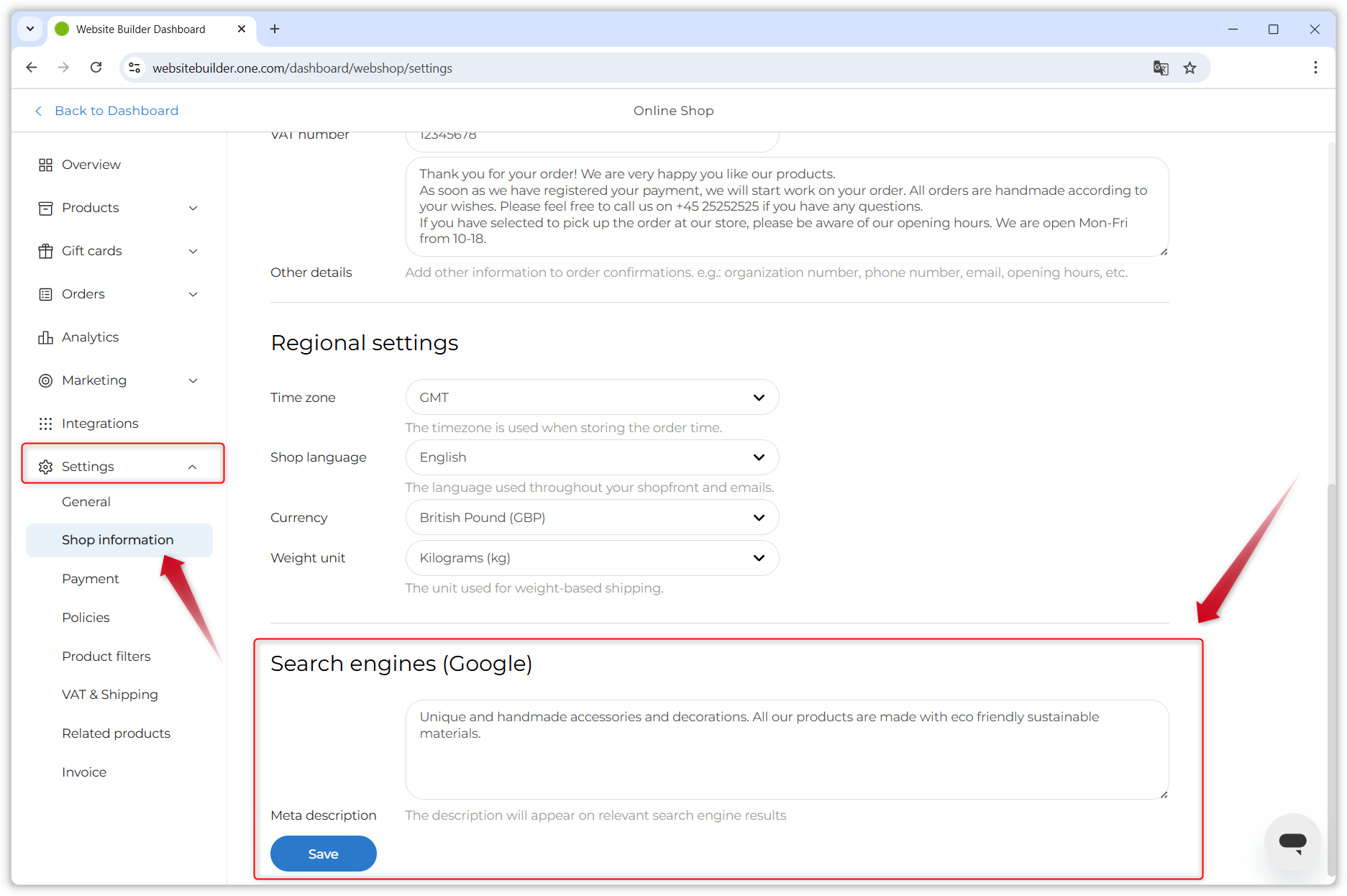 Skärmbild som visar sidan "Butiksinformation" i instrumentpanelen för Webbshoppen. En röd pil pekar på sektionen "Sökmotorer (Google)".