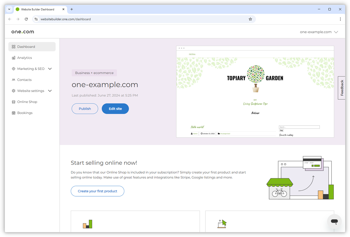 Website Builder-dashboard met de verschillende opties en snelle toegang tot de opties.