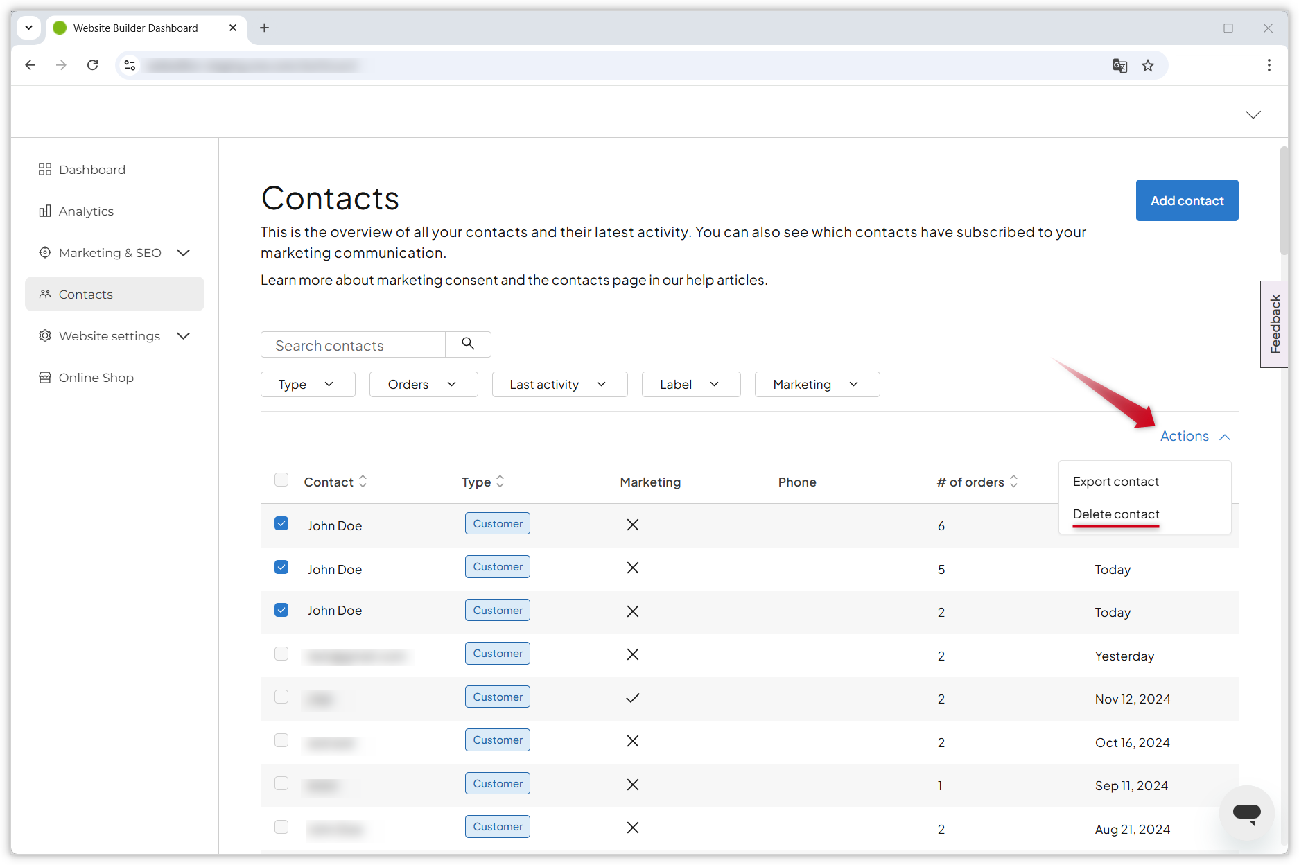 Screenshot che mostra la panoramica dei contatti. Una freccia rossa indica il menu "Azioni" aperto e l'opzione "Elimina contatto" è sottolineata.