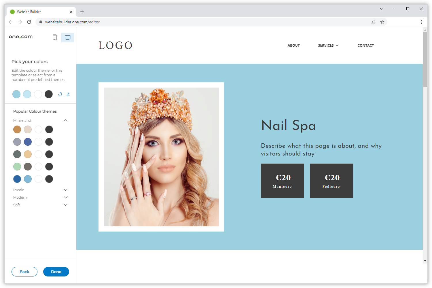Kleurenthema-functie in het linkermenu van de Website Builder-editor.
